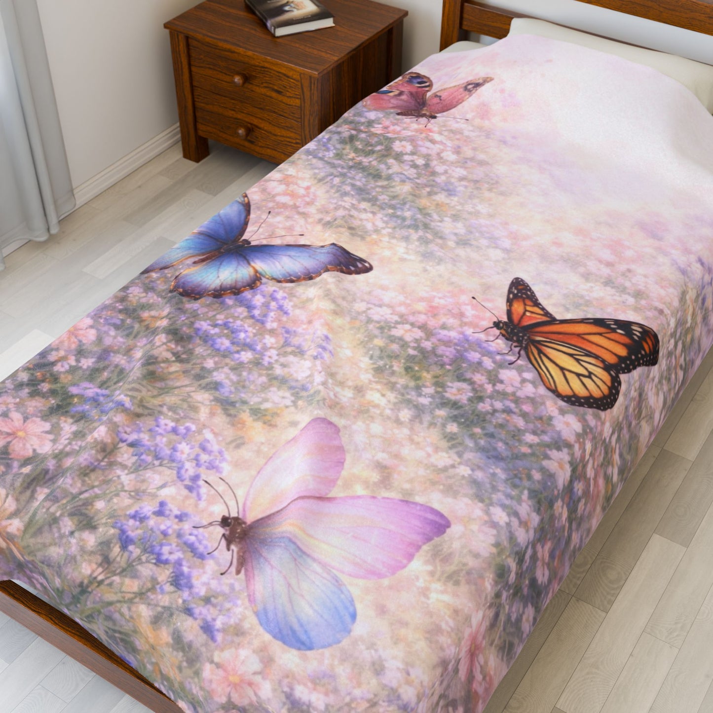 Butterfly Meadow Velveteen Plush Blanket — Soft Pastel Throw for Bedroom, Nursery & Cozy Gifts