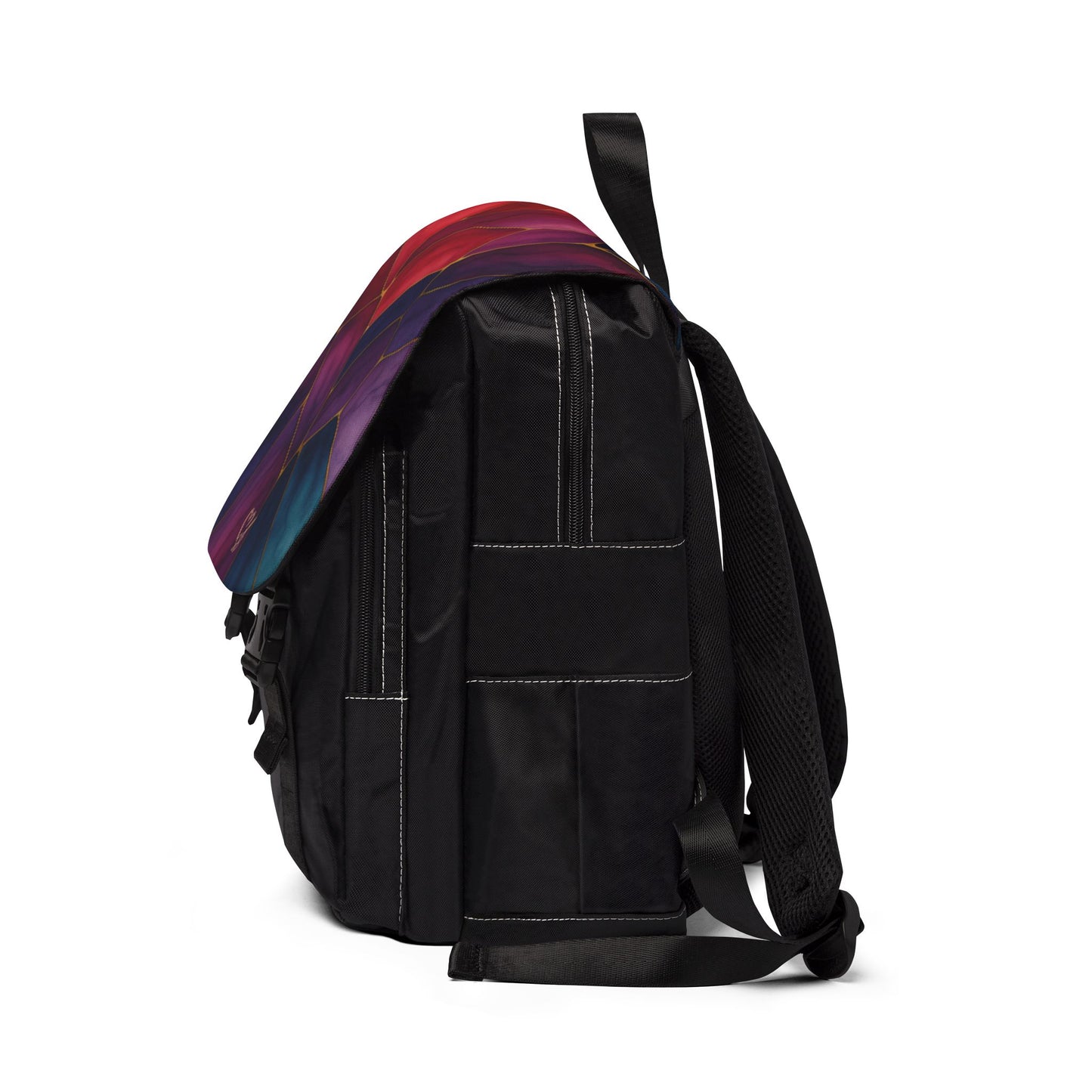 Shelby Artisan Luxe flap backpack right side view – vibrant jewel-tone stained glass print structured flap backpack by the Soulful Brush
