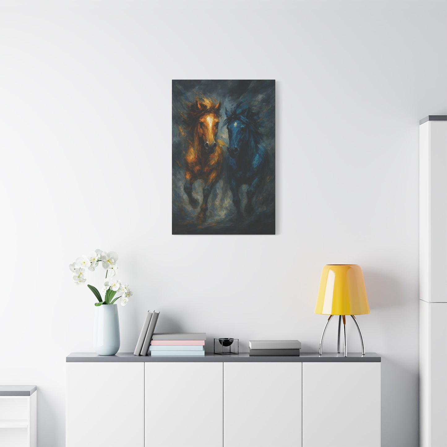 Running Horses Matte Canvas Wall Art — Abstract Gold & Blue Horse Painting