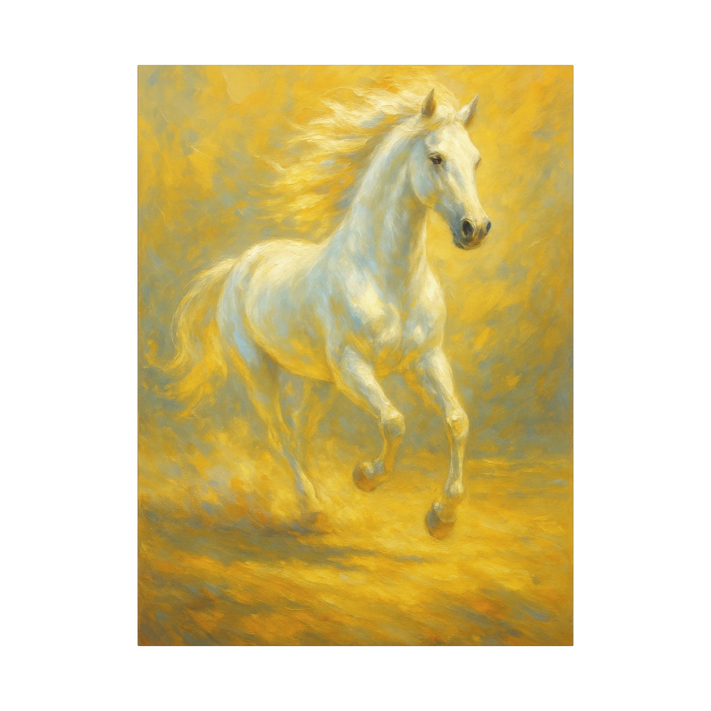 Running White Horse Matte Canvas Wall Art — Golden Equestrian Print