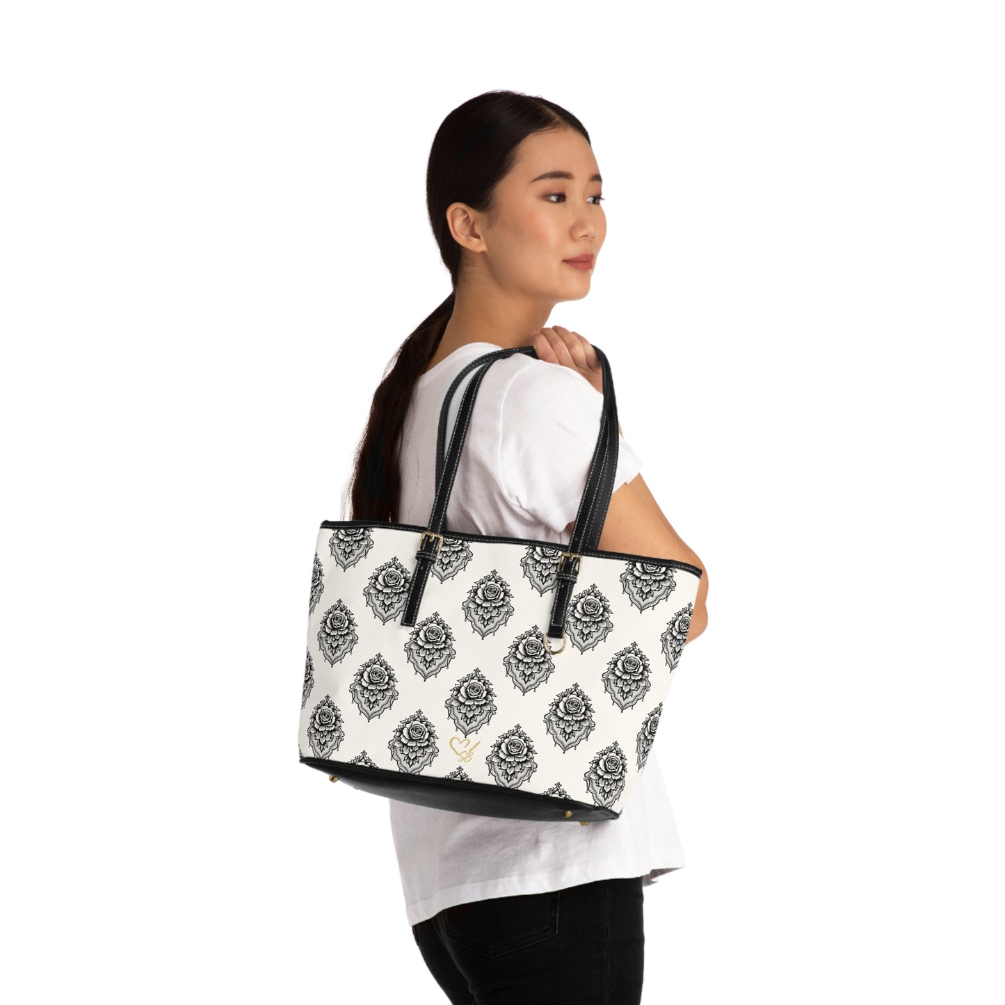 Rosa Velada - Bolso de hombro de piel sintética — Elegante bolso tote blanco y negro