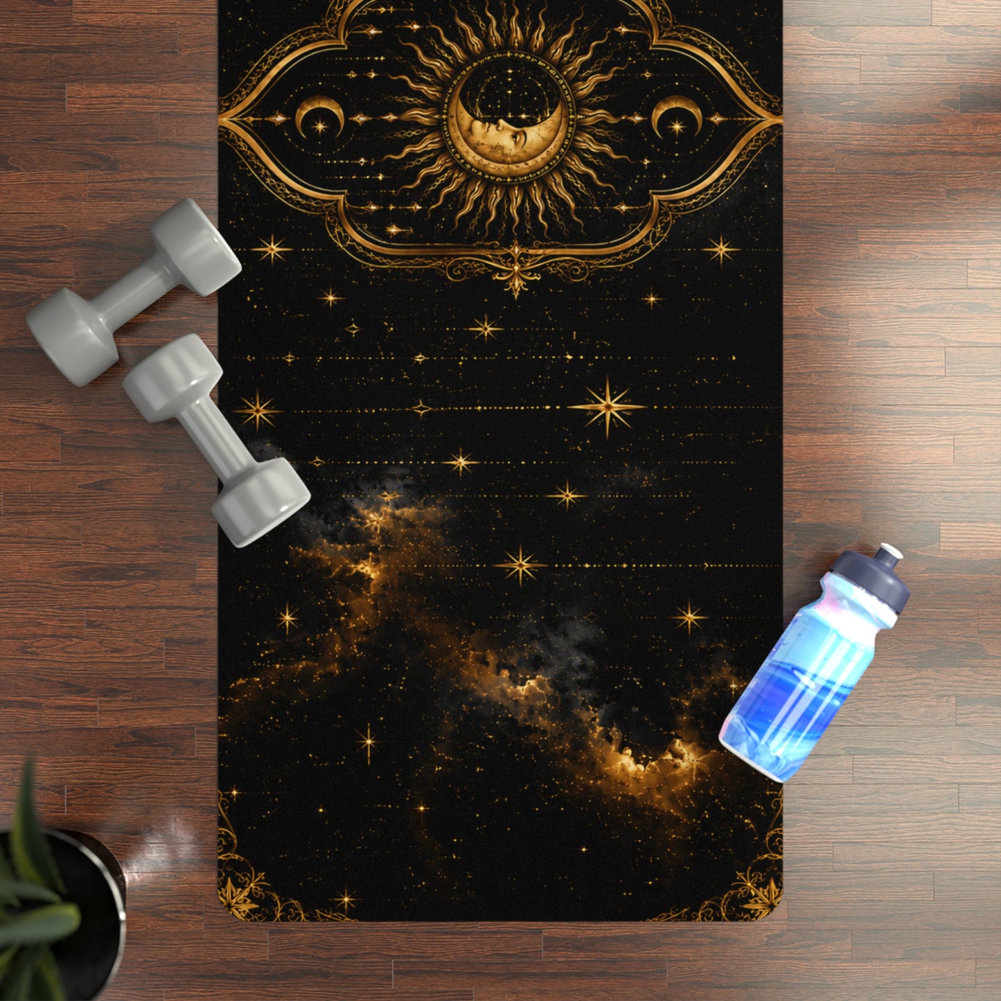 Celestial Sun & Moon Rubber Yoga Mat — Golden Cosmic Mandala Design