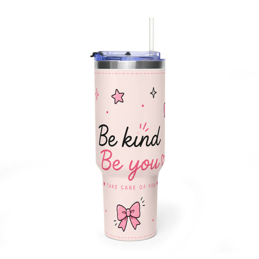 Be Kind Be You 40oz Vacuum Tumbler — Pink Inspirational Travel Mug