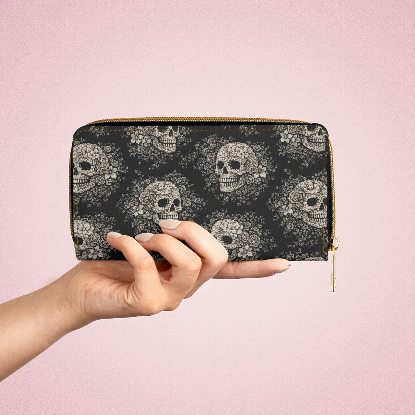 Requiem Bloom zip wallet close-up of gothic floral skull print – dark botanical design by the Soulful Brush
