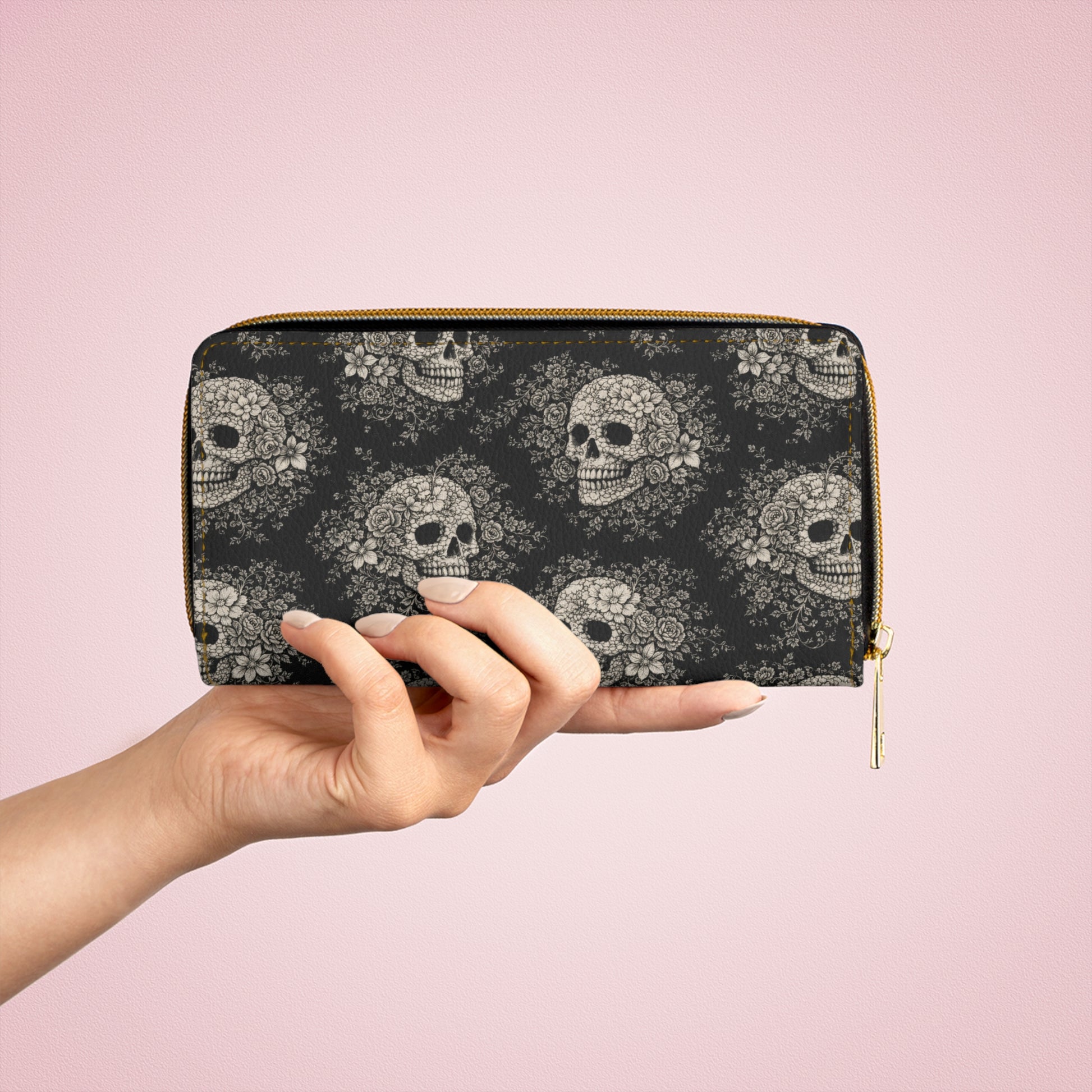 Requiem Bloom zip wallet close-up of gothic floral skull print – dark botanical design by the Soulful Brush
