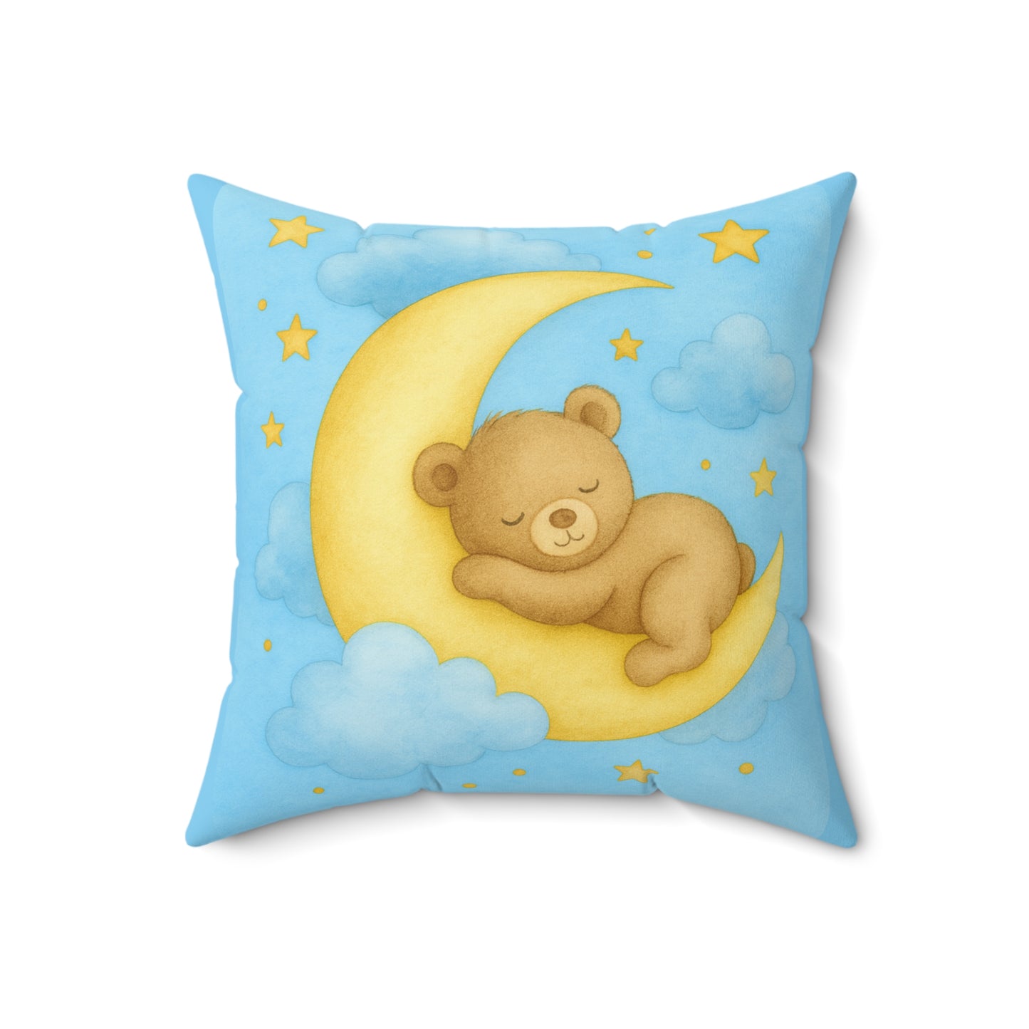 Teddy and Moon -Blue Pillow — Cute Nursery Faux Suede Square Pillow