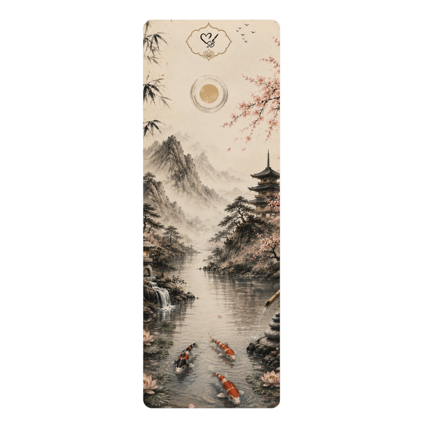 Zen Koi Rubber Yoga Mat — Japanese Landscape Yoga Mat with Koi Fish & Pagoda
