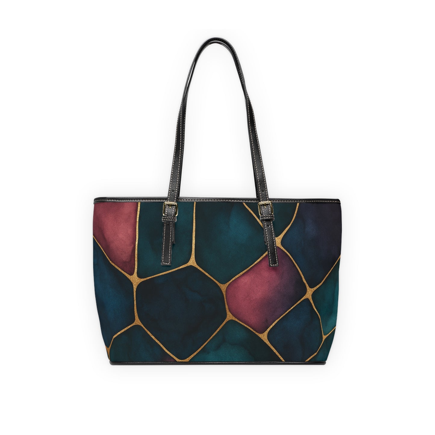 Abstract Stained Glass PU Leather Shoulder Bag — Teal & Wine Mosaic Tote