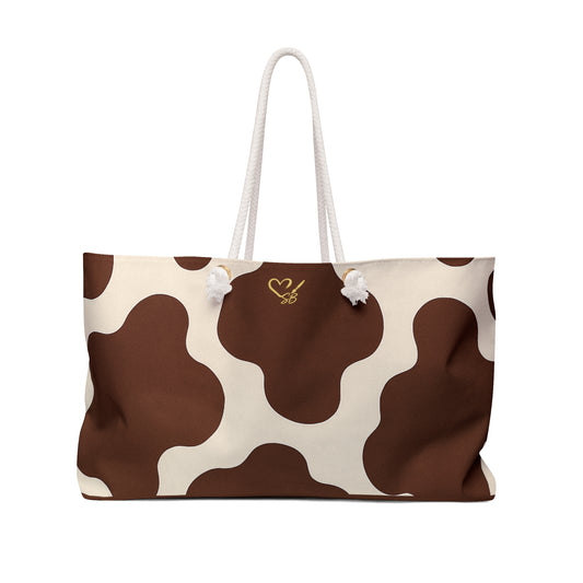 Brown Cow Print Weekender Bag — Brown & Cream Floral Cowhide Tote for Travel