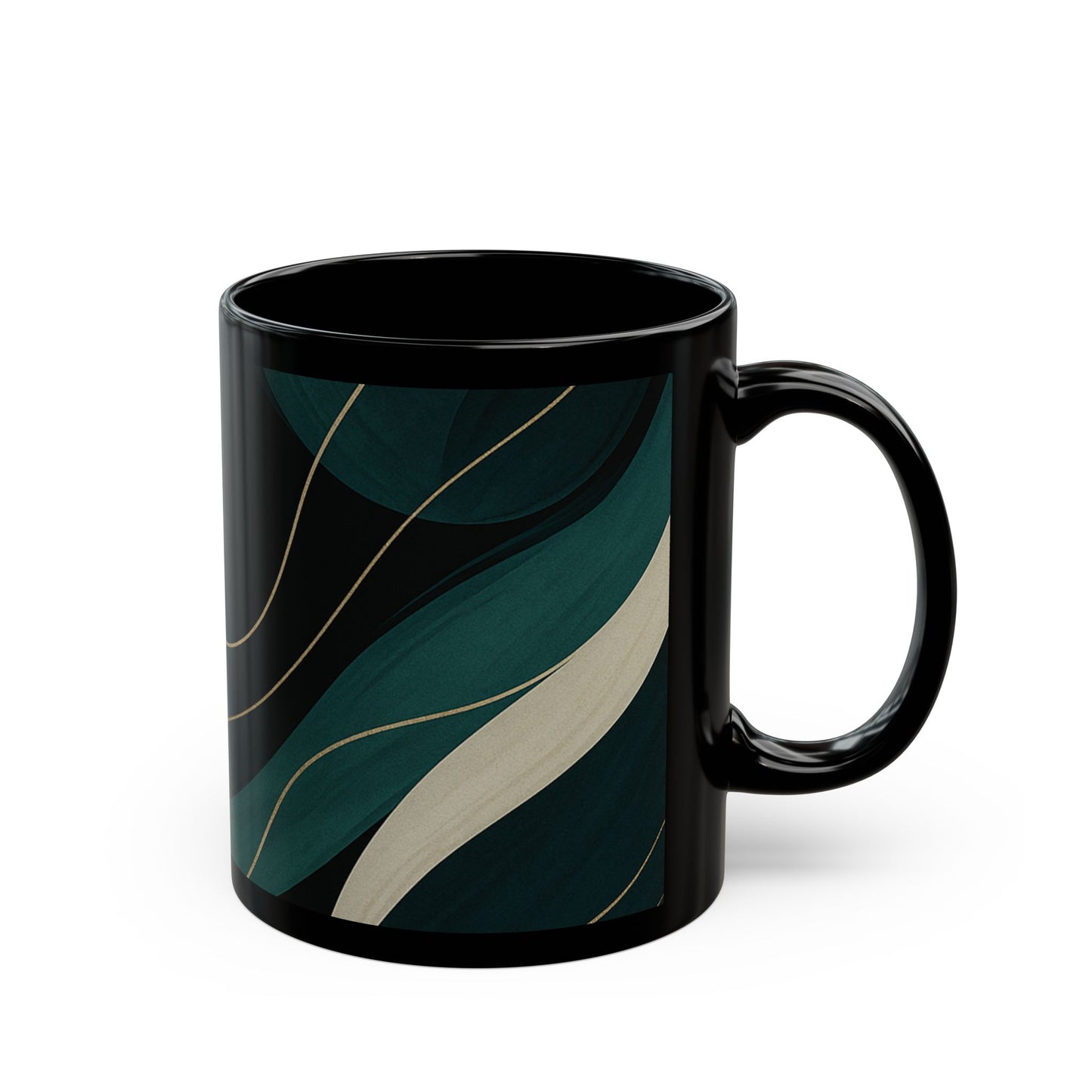 Abstract Teal Wave Black Mug -Soulful Collection— Modern Swirl Coffee Cup (11oz/15oz)