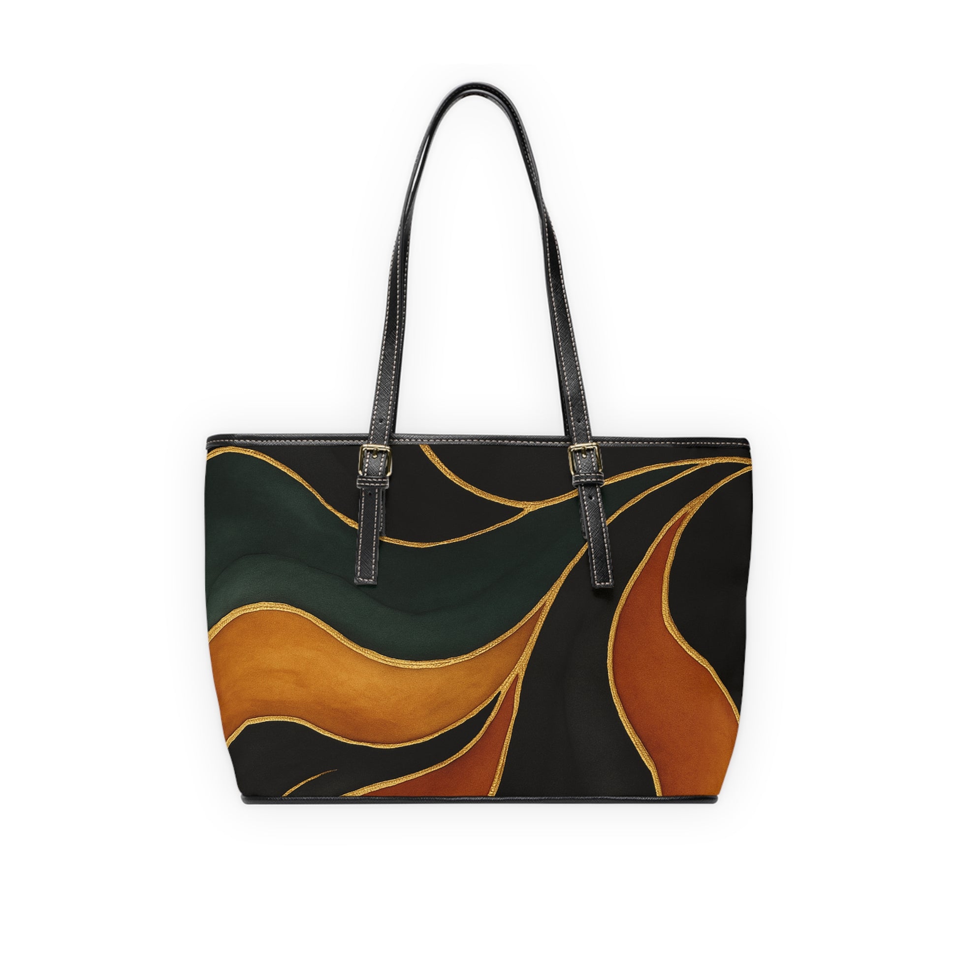 Vivian Artisan Luxe PU shoulder bag back view – earthy green burnt orange double-sided print structured tote by the Soulful Brush
