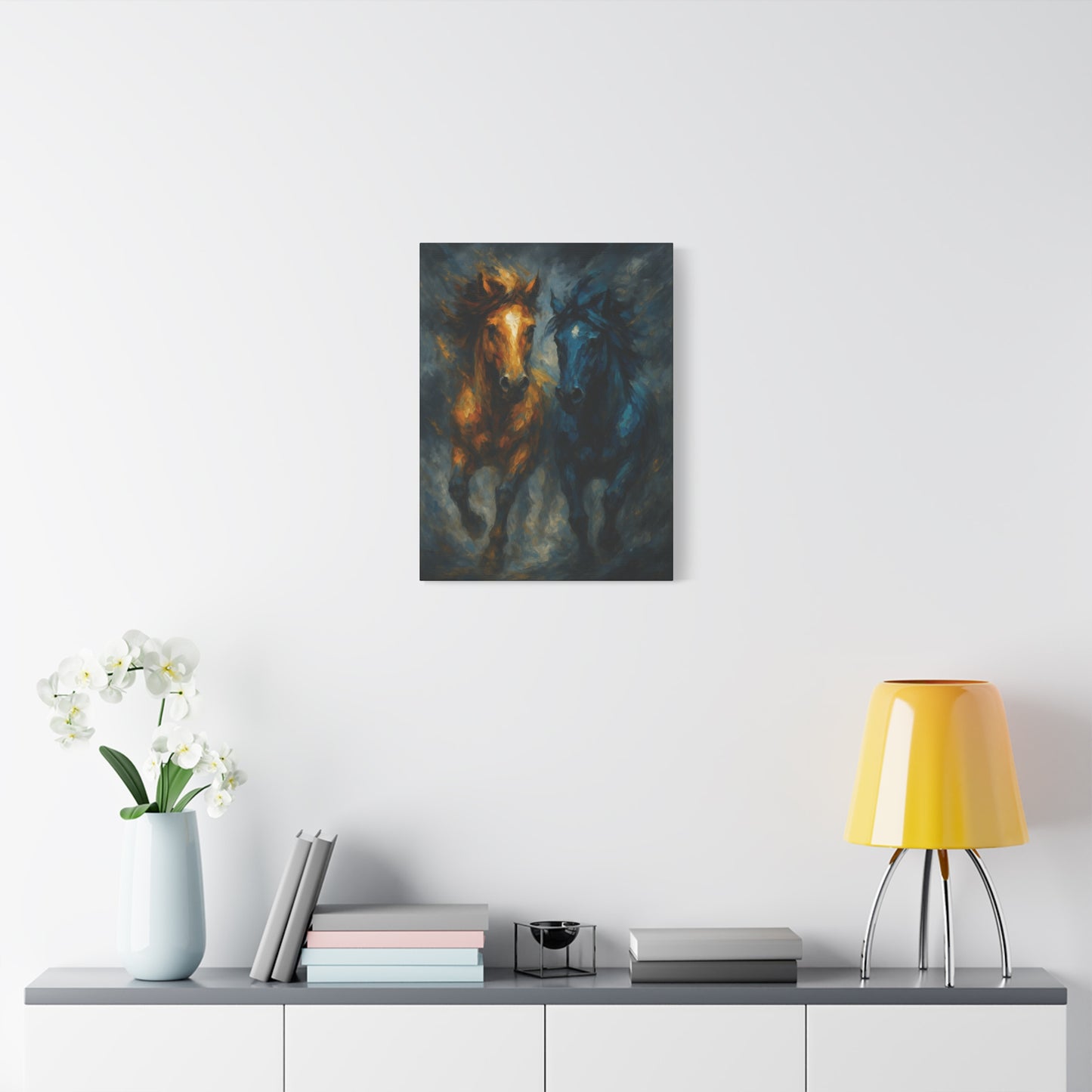 Running Horses Matte Canvas Wall Art — Abstract Gold & Blue Horse Painting