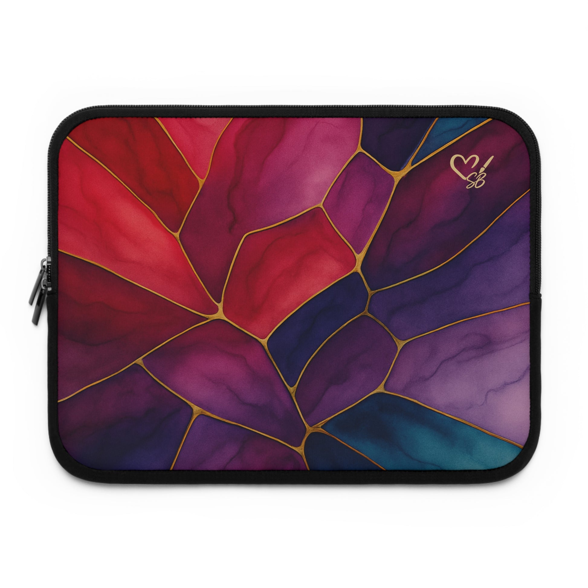 Shelby Artisan Luxe laptop sleeve front view – vibrant jewel-tone stained glass print padded laptop sleeve by the Soulful Brush
