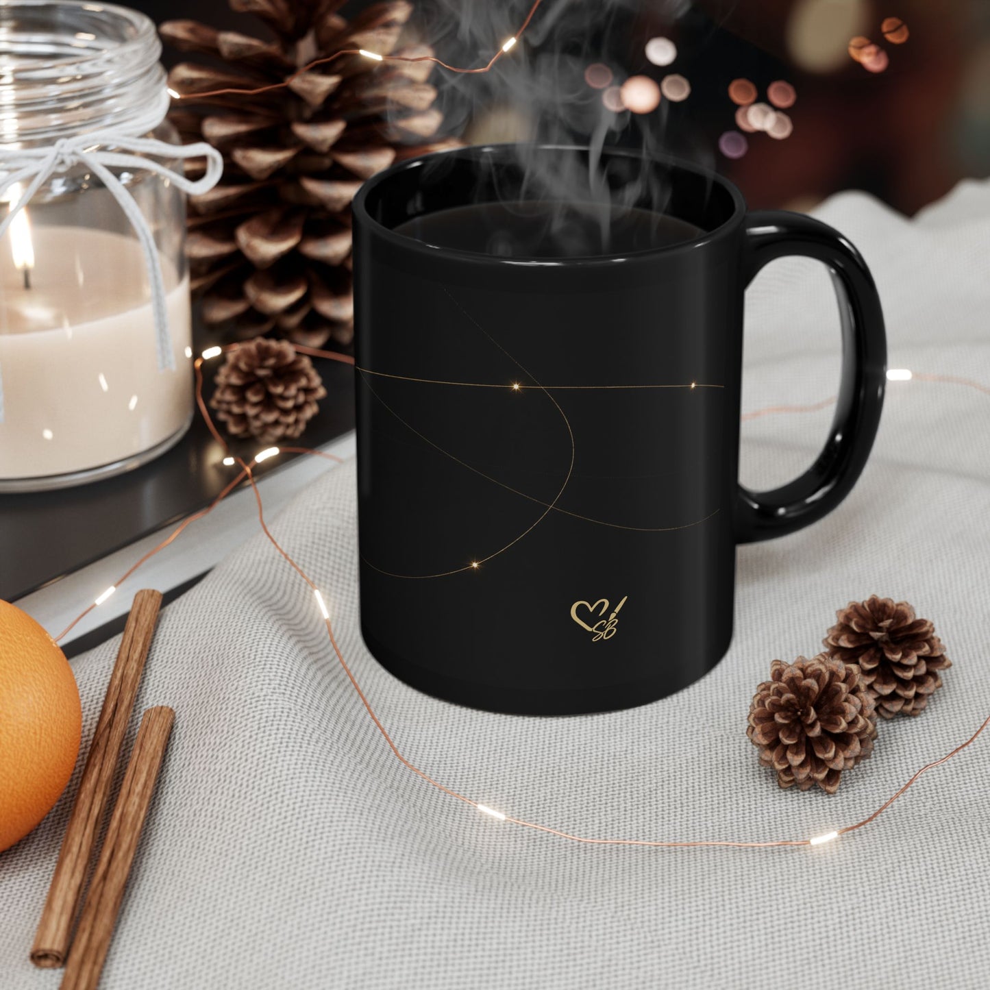 Orbit gold constellation black mug handle detail – glossy ceramic C-handle coffee cup by the Soulful Brush

