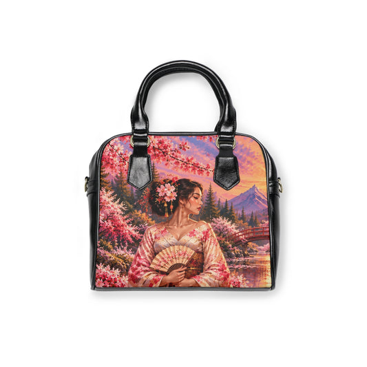 Front of Madama Butterfly — A Thousand Petals shoulder handbag with black handles and artwork depicting a woman in a pink floral kimono holding a fan amid cherry blossoms.