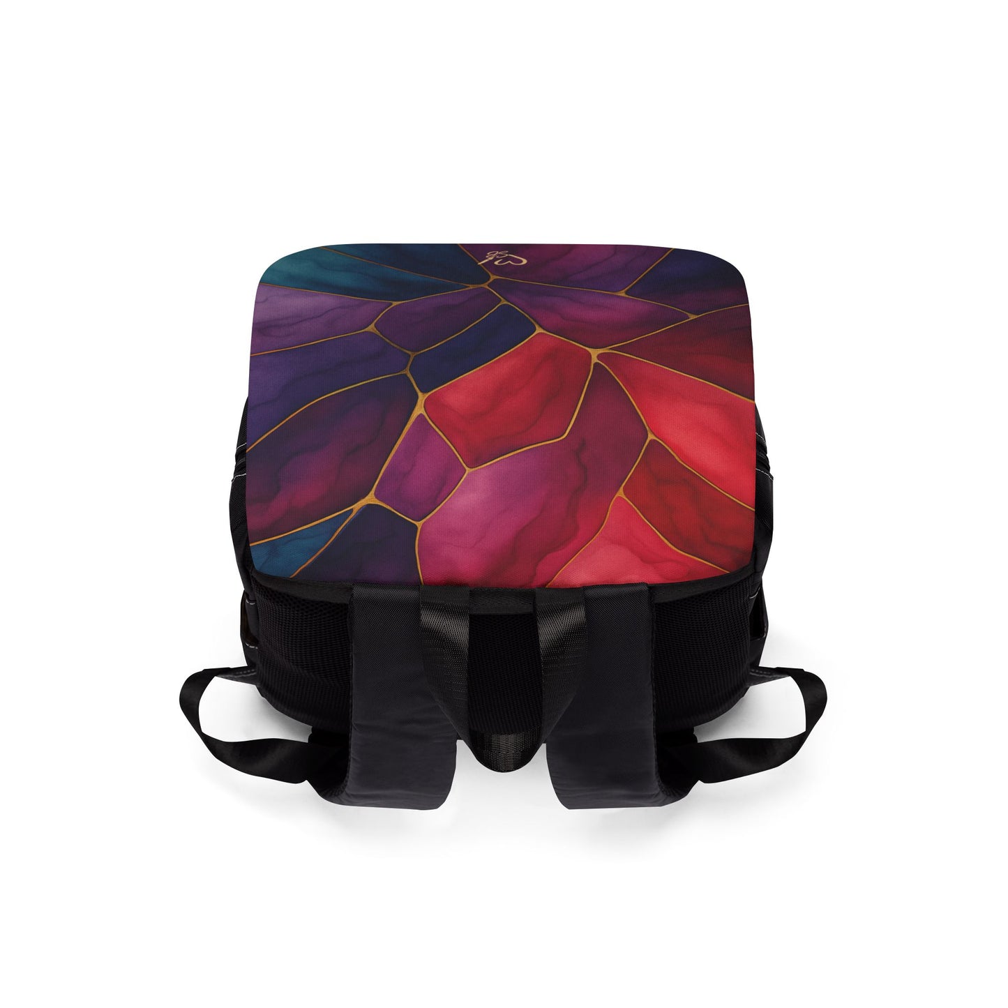 Shelby Artisan Luxe flap backpack flap view – vibrant jewel-tone stained glass print structured flap backpack by the Soulful Brush
