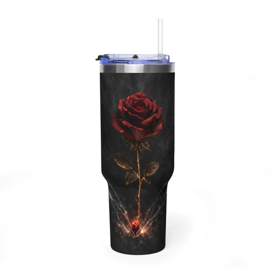 40oz Thermal Tumbler — Dark Red Rose Heartbeat Design