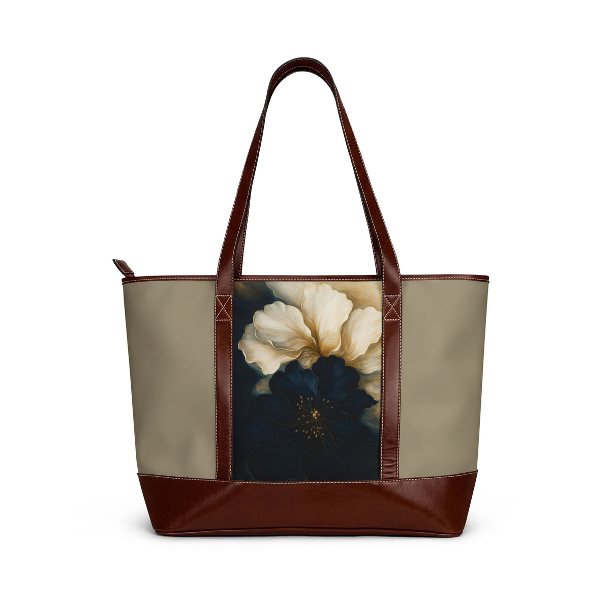 - Elegant Floral Canvas Handbag with White Flower Print