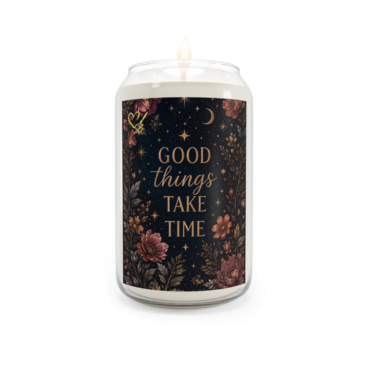 Inspirational Soy Candle — “Good Things Take Time” Floral Scented Candle (13.75 oz)