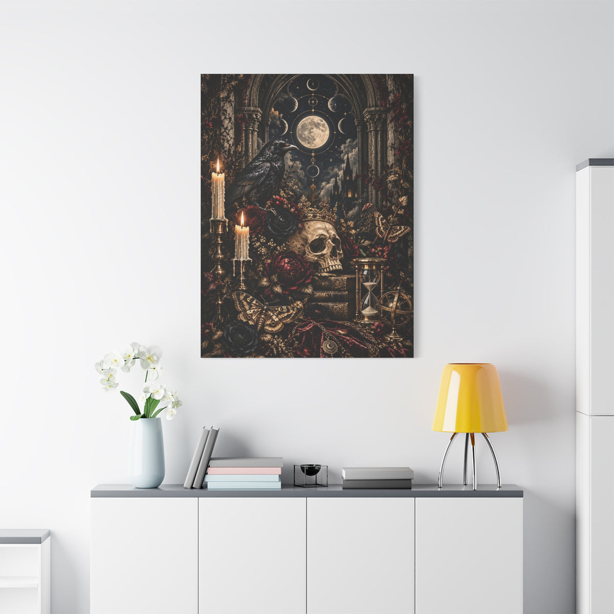 Gothic Moon Skull Canvas Art — Dark Victorian Still Life Wall Decor