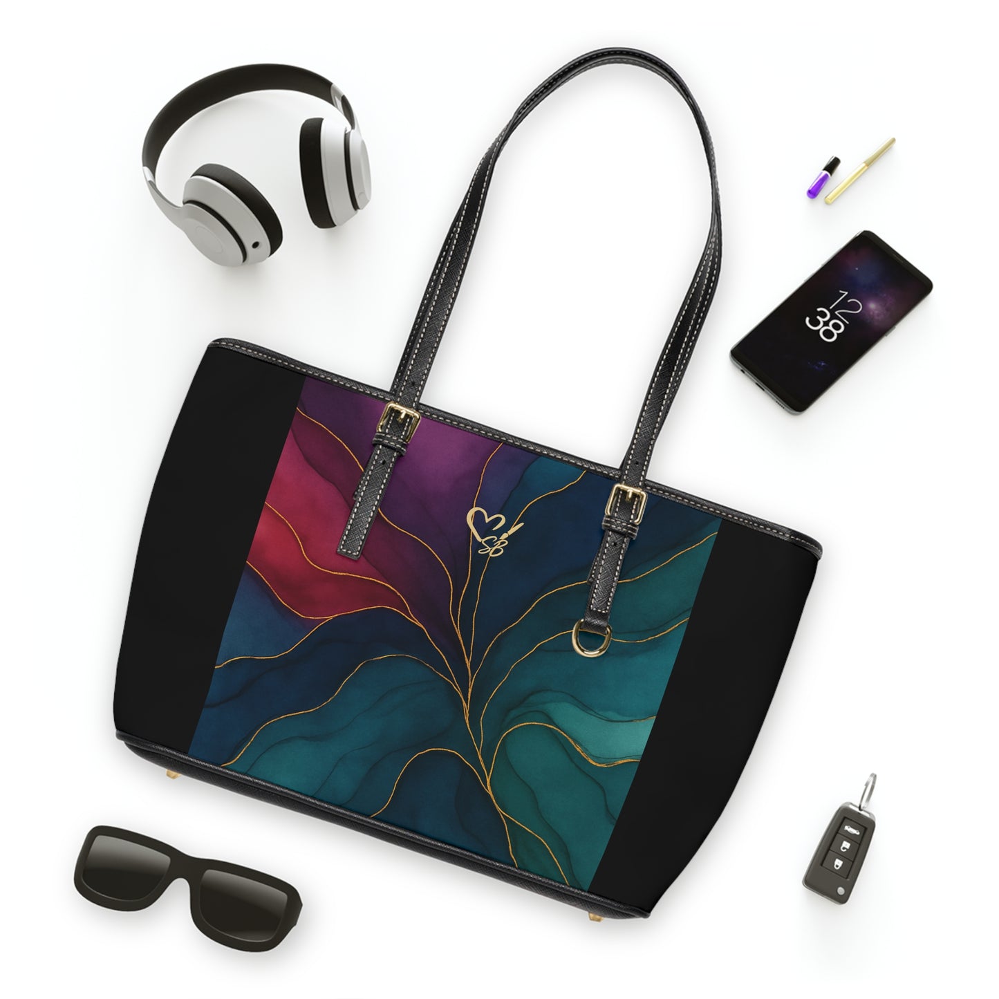 Tyler-2025 Colección Artisan Luxe - Bolso de hombro de PU con panel — Bolso tote color verde azulado y burdeos con detalle veteado dorado