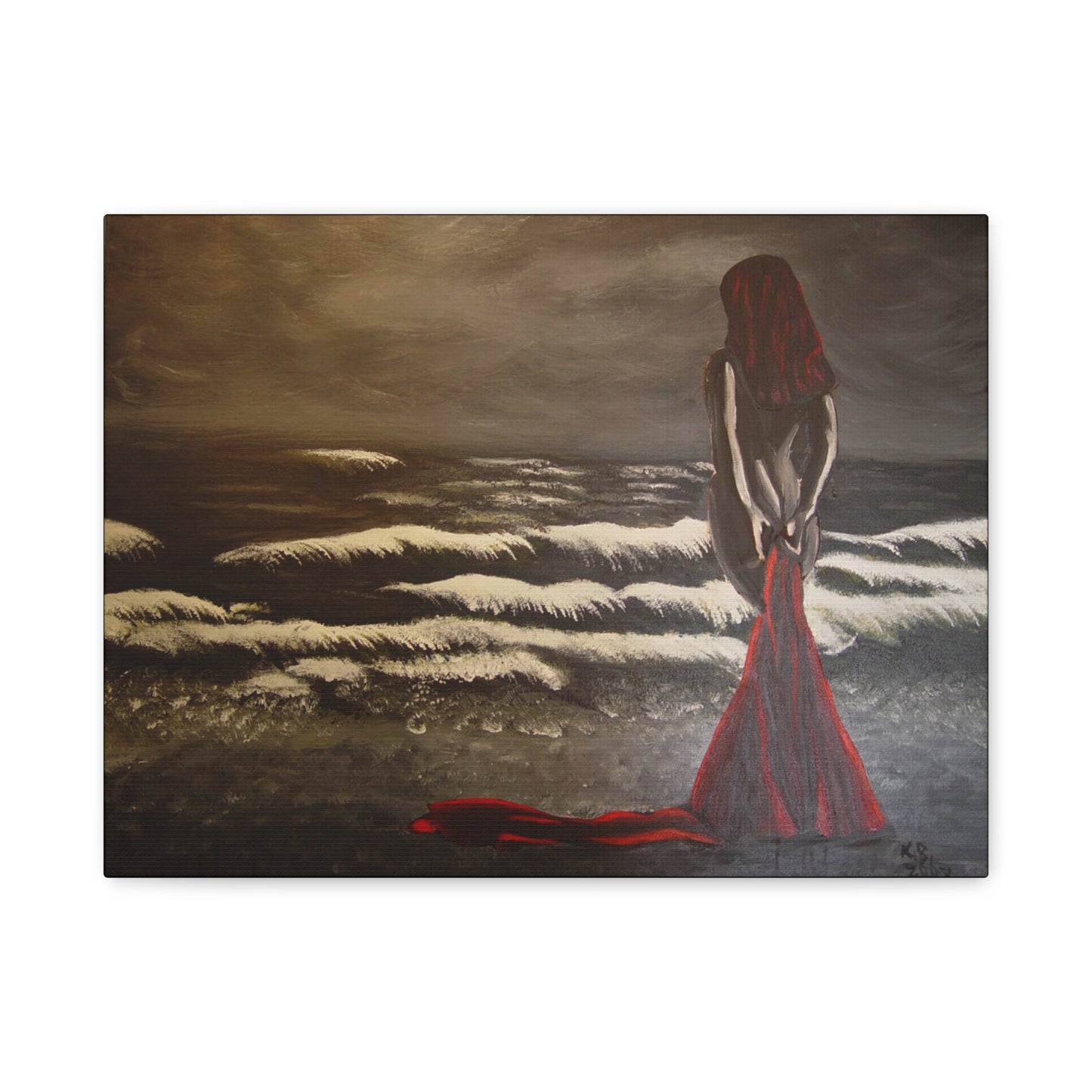 Lienzo "Mujer Dramática en la Costa" - Lámina Artística de Playa con Vestido Rojo