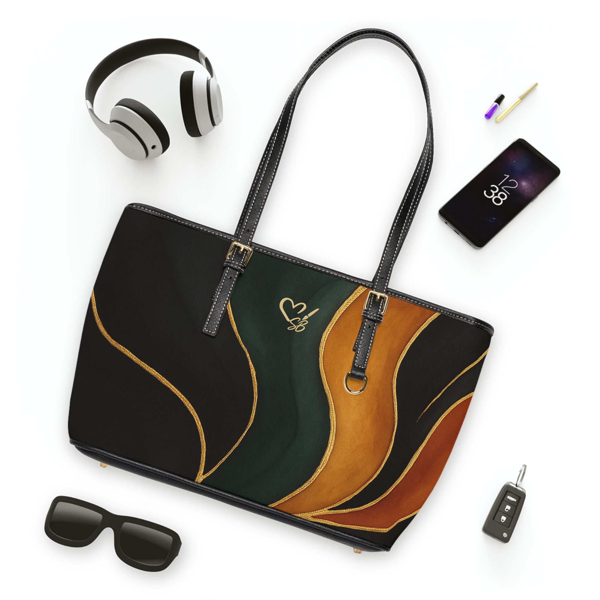 Vivian Artisan Luxe PU leather shoulder bag 16x10 flat lay – abstract autumn waves print everyday shoulder bag by the Soulful Brush
