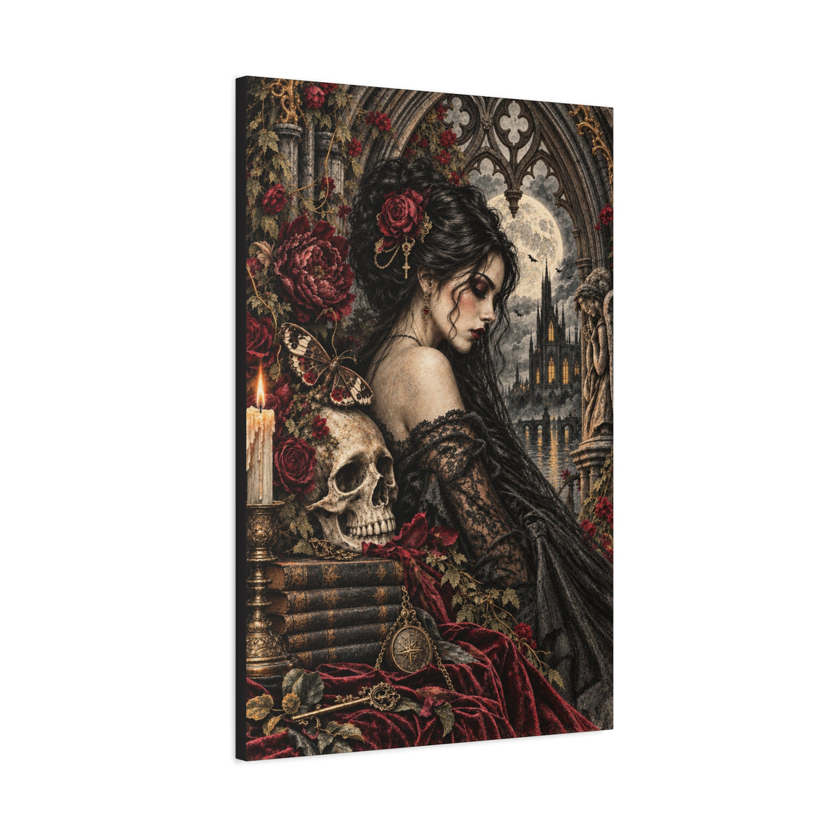 Gothic Romance Canvas Print – Victorian Woman with Skull & Moonlit Cathedral