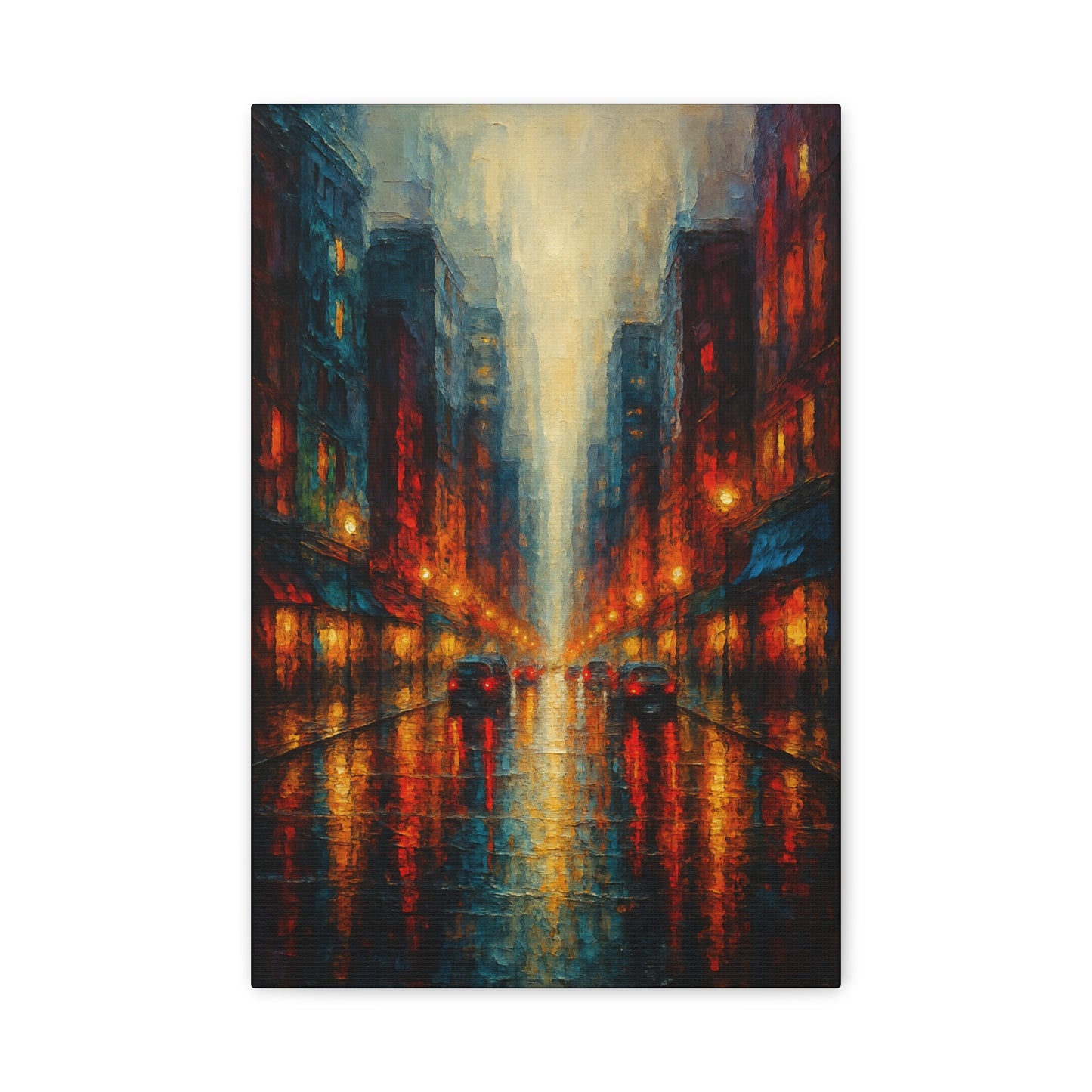 Lienzo mate "Paisaje urbano lluvioso" - Arte de pared urbano nocturno estirado