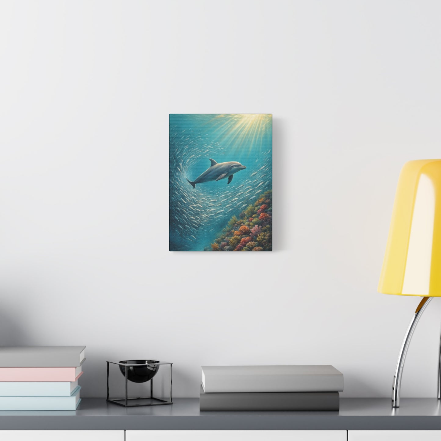 Estampa artística de delfín en el océano con paspartú — Arte de pared marino submarino