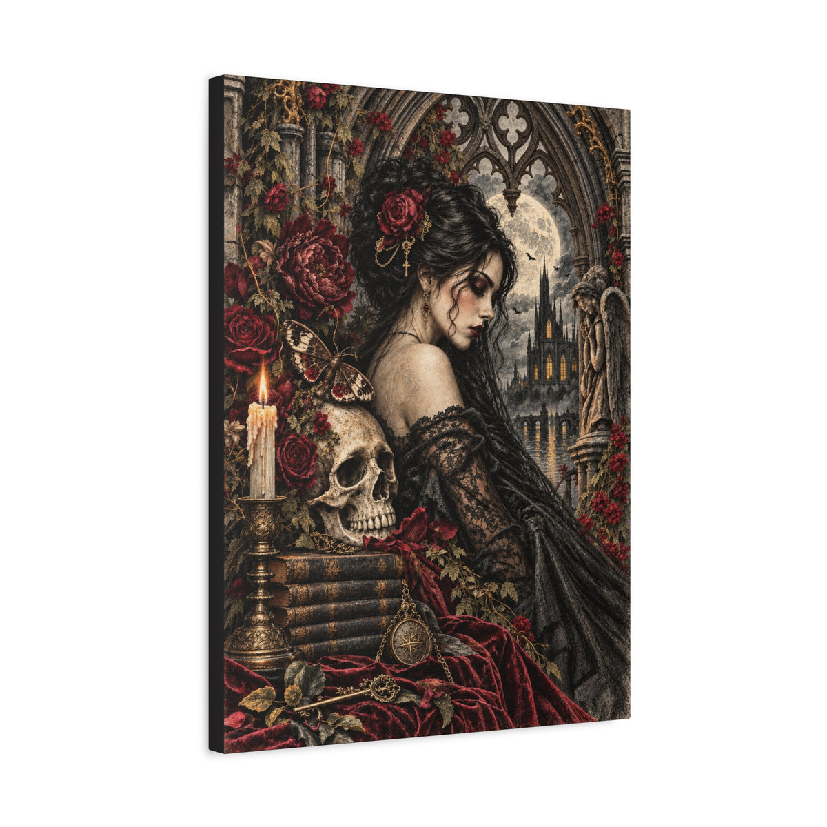 Gothic Romance Canvas Print – Victorian Woman with Skull & Moonlit Cathedral