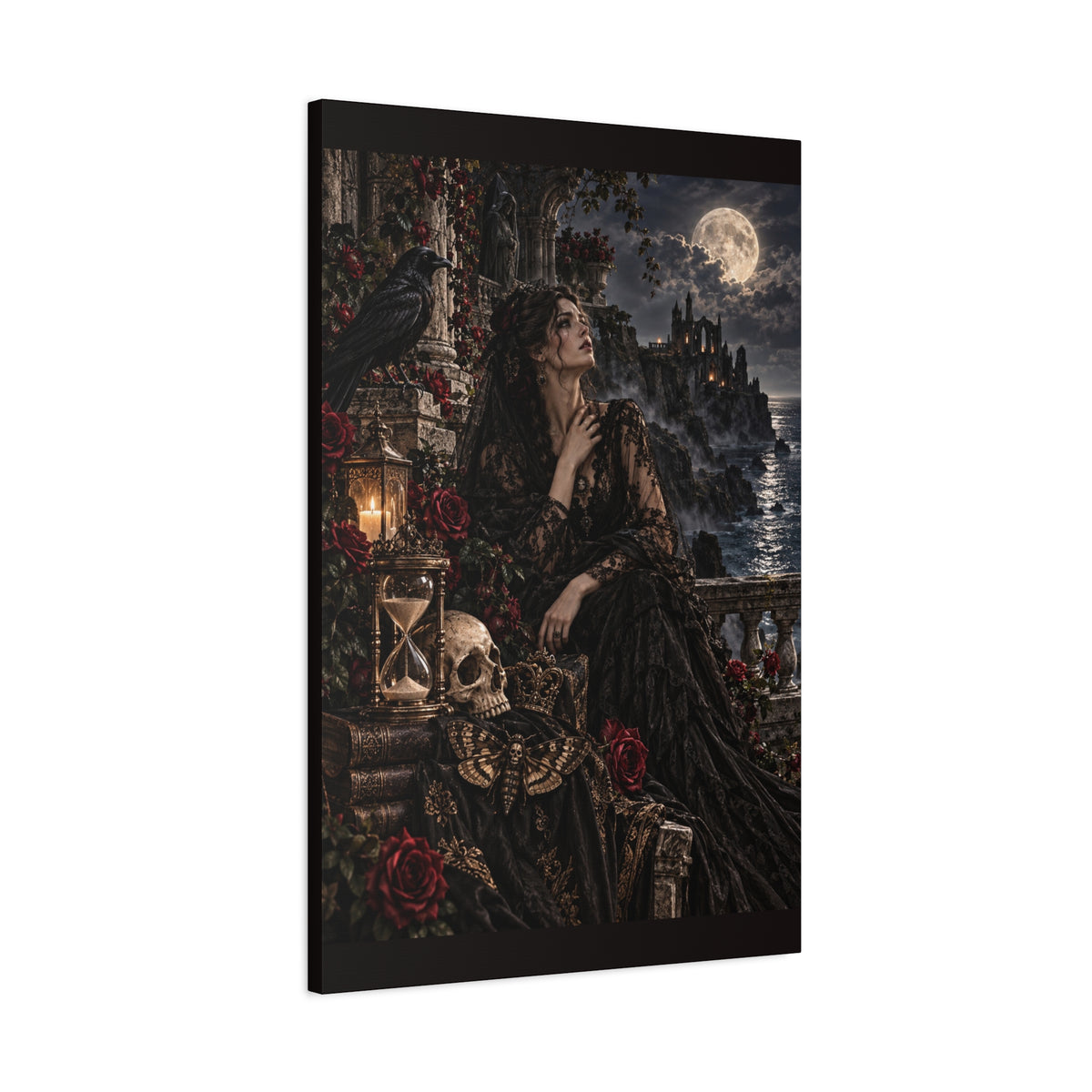 Gothic Moonlight Lady Matte Canvas Wall Art —Garden of Sorrow- Gothic Castle, Skull & Rose Décor