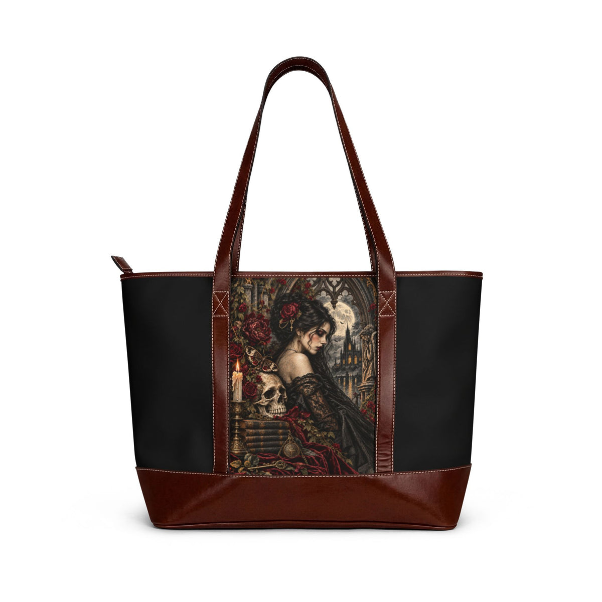 Gothic Rose Skull Tote Handbag