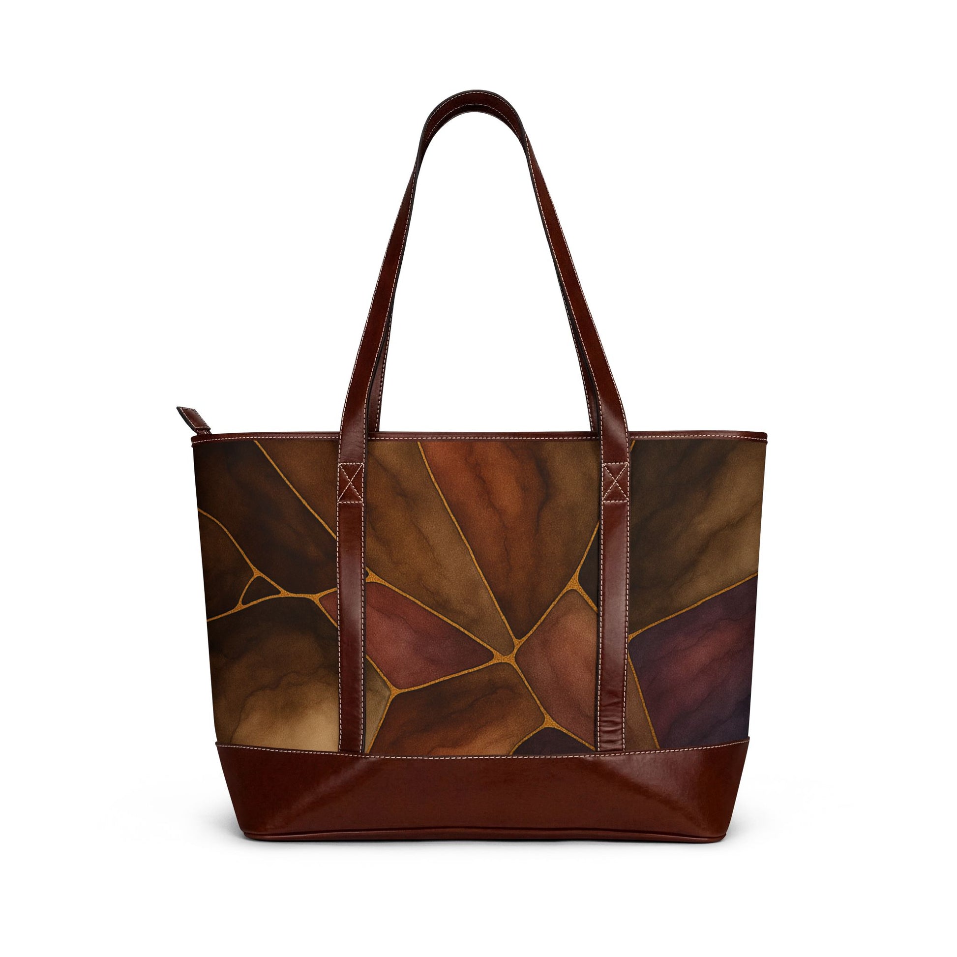 Sienna leather tote handbag front view – stained-glass style print everyday shoulder bag by the Soulful Brush
