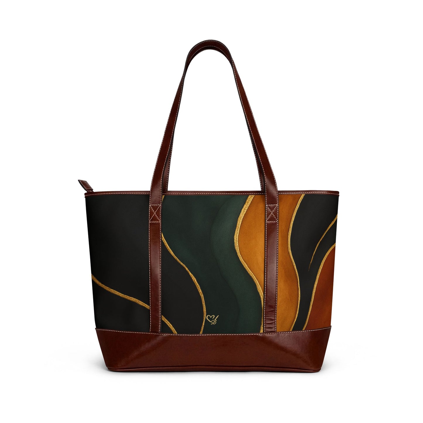Vivian abstract autumn waves handbag front view – earthy green and burnt orange leather-trim tote by the Soulful Brush
