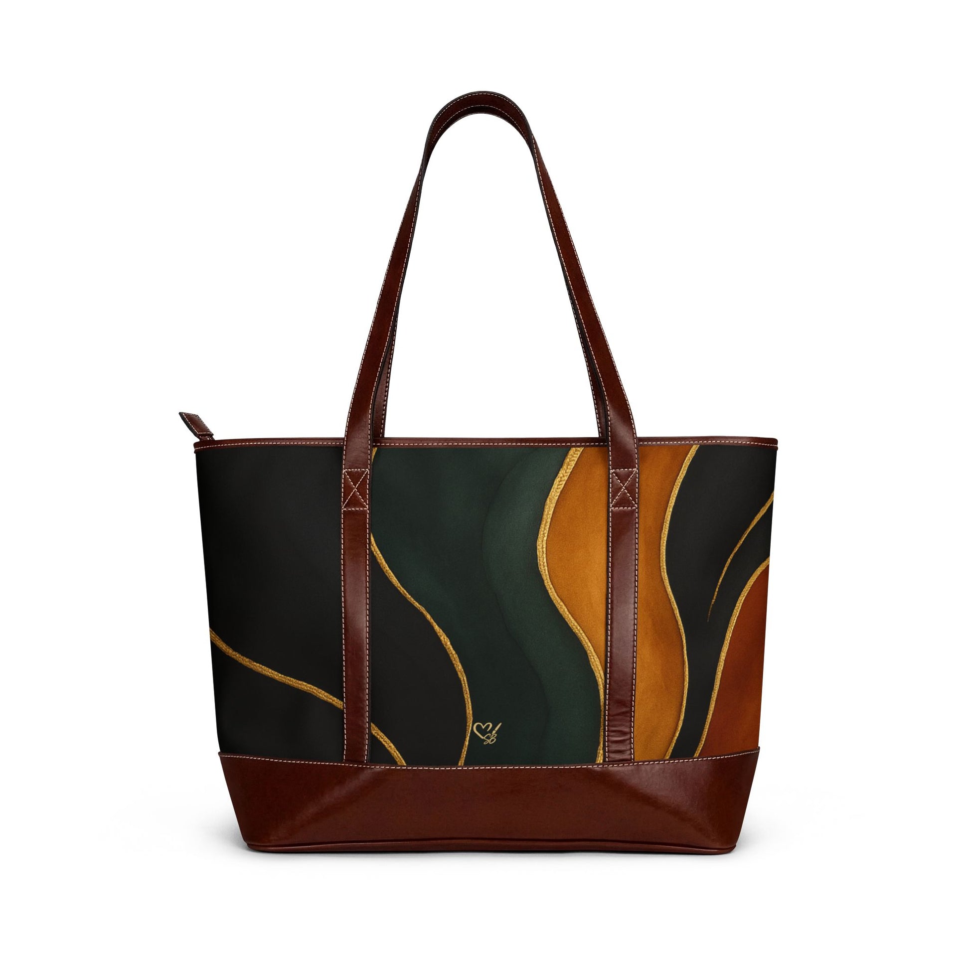 Vivian abstract autumn waves handbag front view – earthy green and burnt orange leather-trim tote by the Soulful Brush
