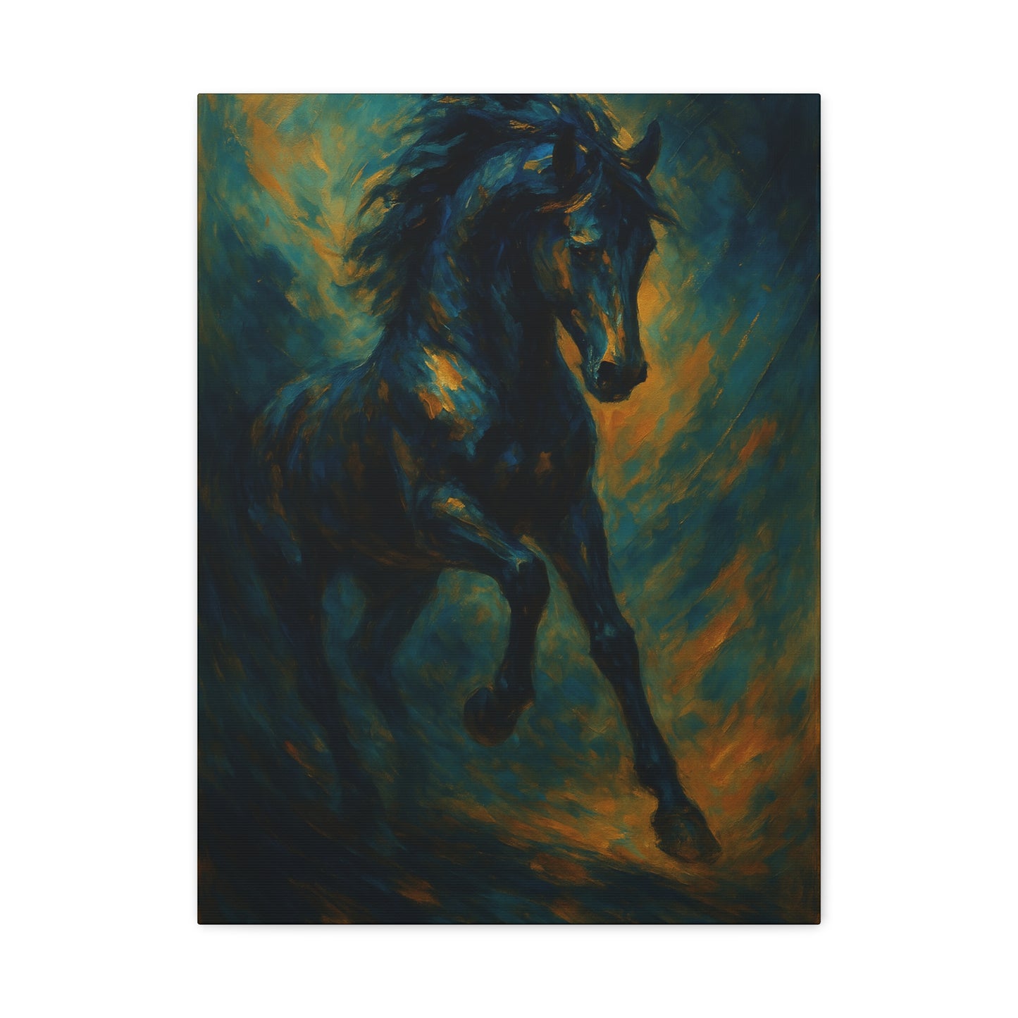 Lienzo Mate de Caballo Negro Galopando — Dramática Pintura Ecuestre