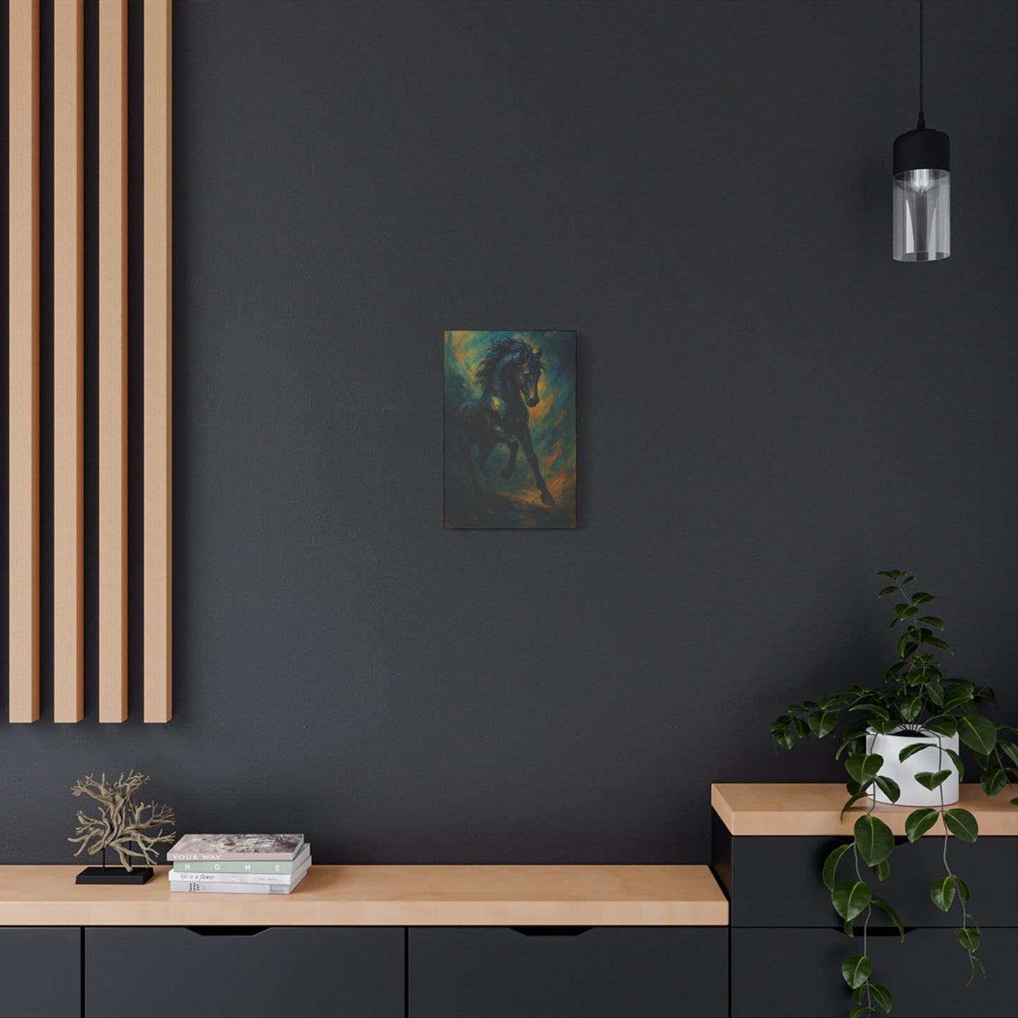 Lienzo Mate de Caballo Negro Galopando — Dramática Pintura Ecuestre