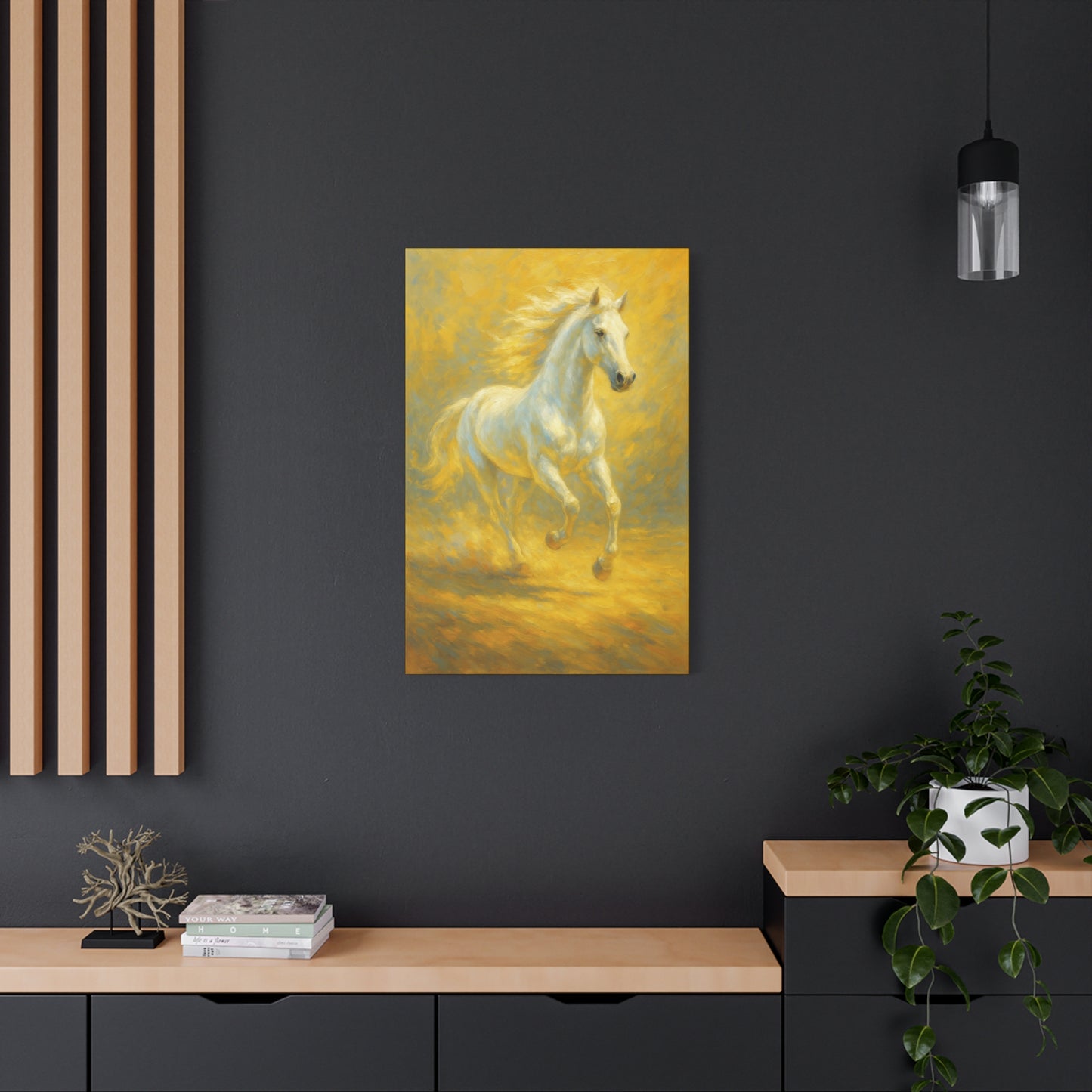 Running White Horse Matte Canvas Wall Art — Golden Equestrian Print