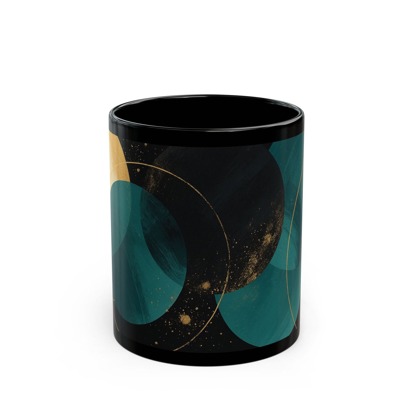 Abstract 1 -Soulful Collection-Teal & Gold Orb Black Coffee Mug — Modern Geometric Ceramic Cup (11oz/15oz)