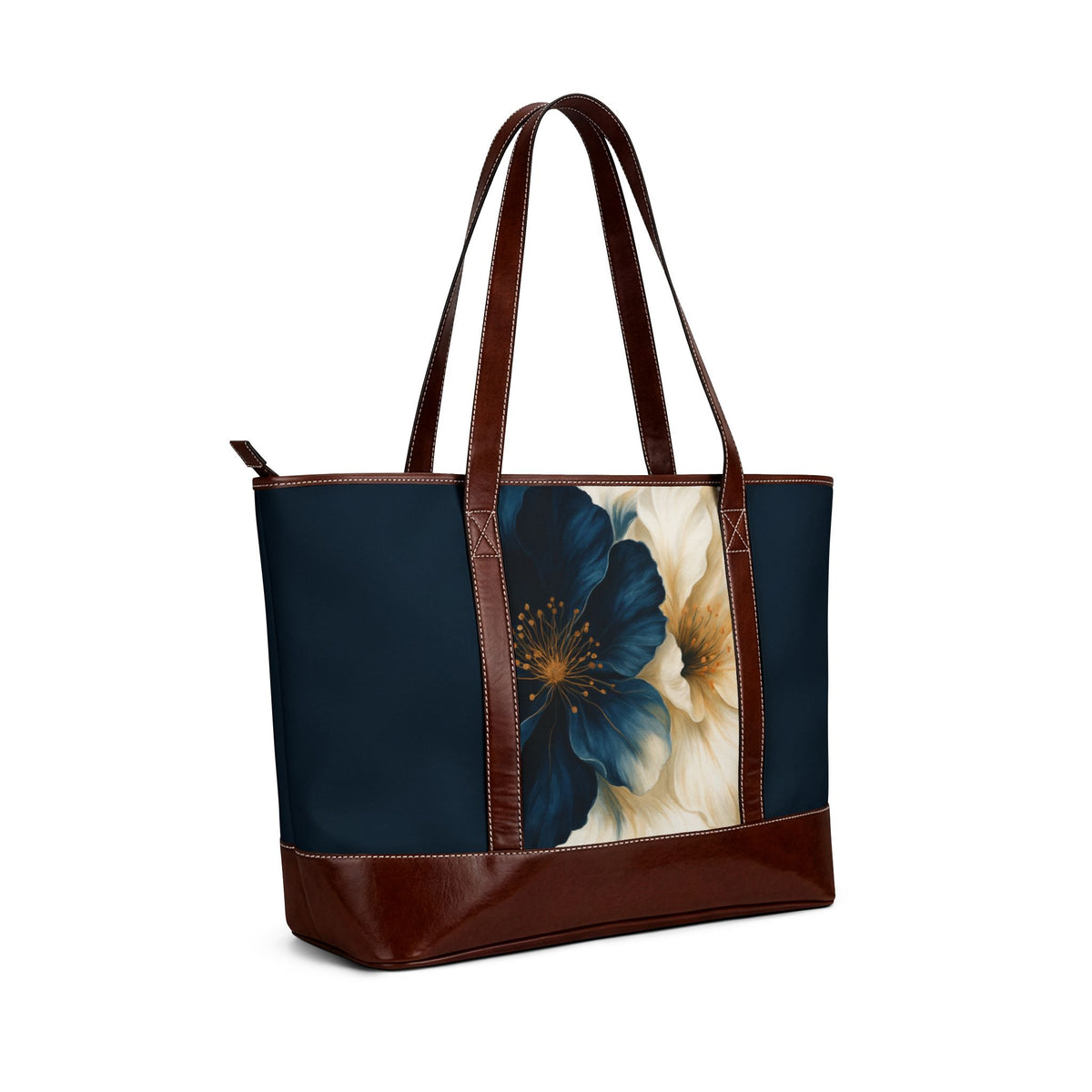 Dark Teal Floral Handbag – Blue and White Flower Tote