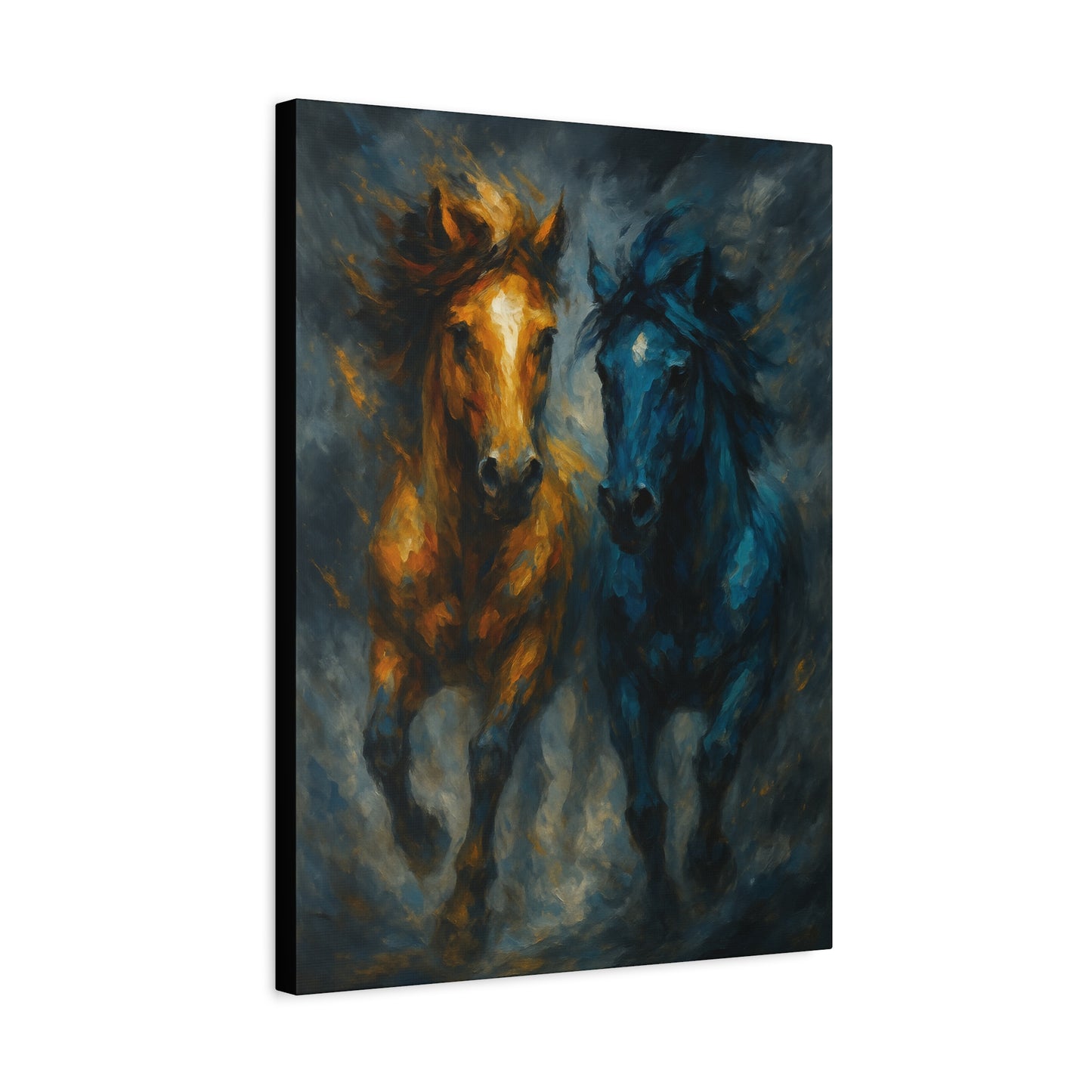 Running Horses Matte Canvas Wall Art — Abstract Gold & Blue Horse Painting