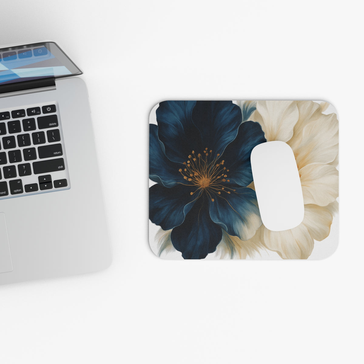 Floral Mouse Pad — Navy & Cream Bloom Rectangle Desk Mat