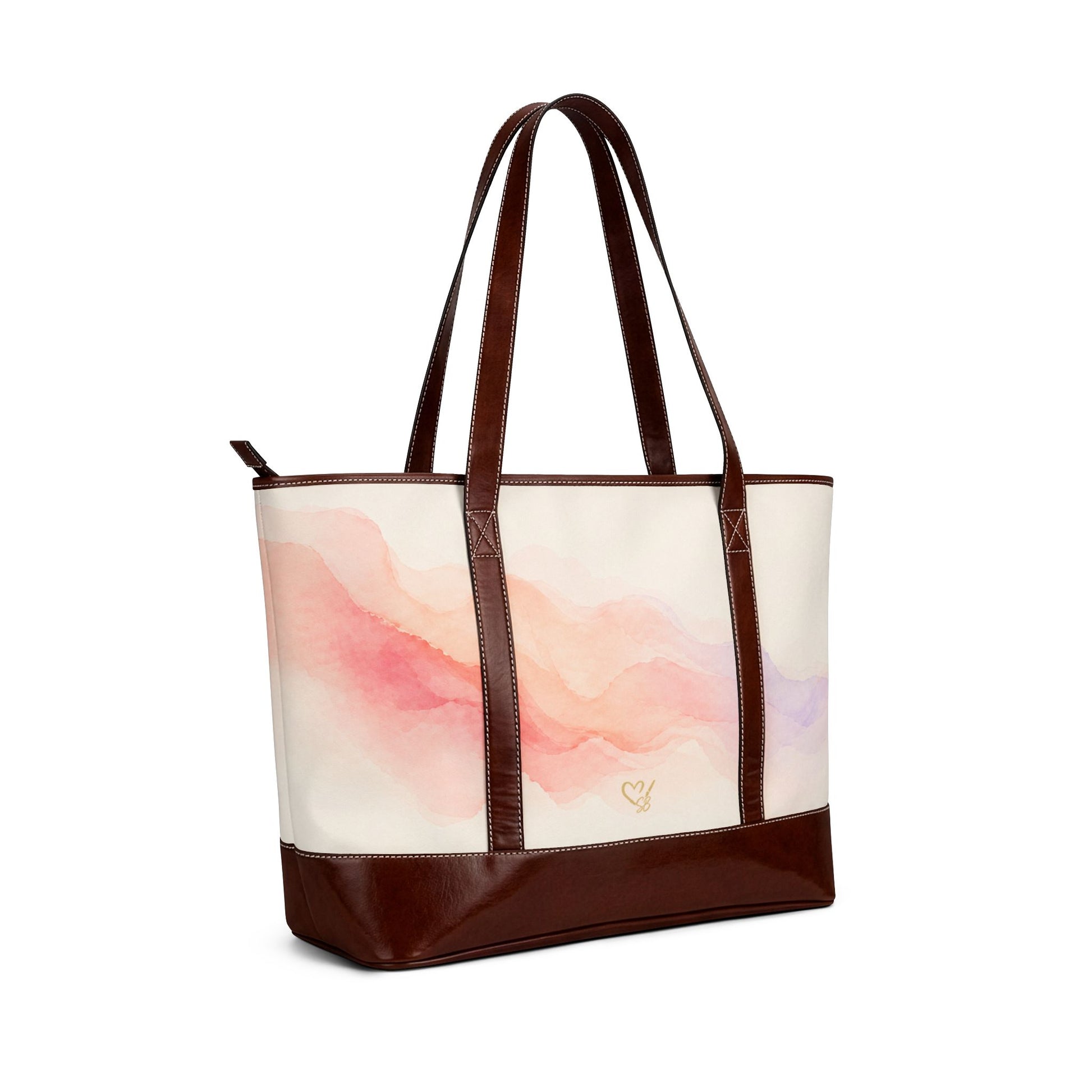 Soft Horizon watercolor handbag Left side view – pink peach sunrise print tote with leather trim by the Soulful Brush
