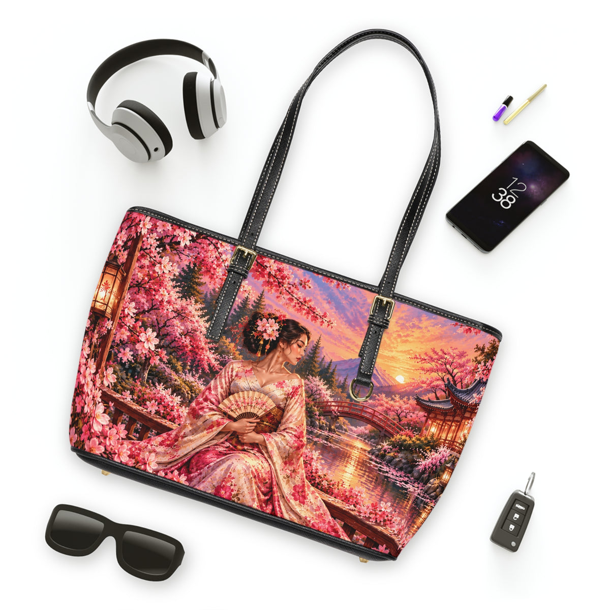 Japanese Garden Geisha PU Leather Shoulder Bag-Madam Butterfly