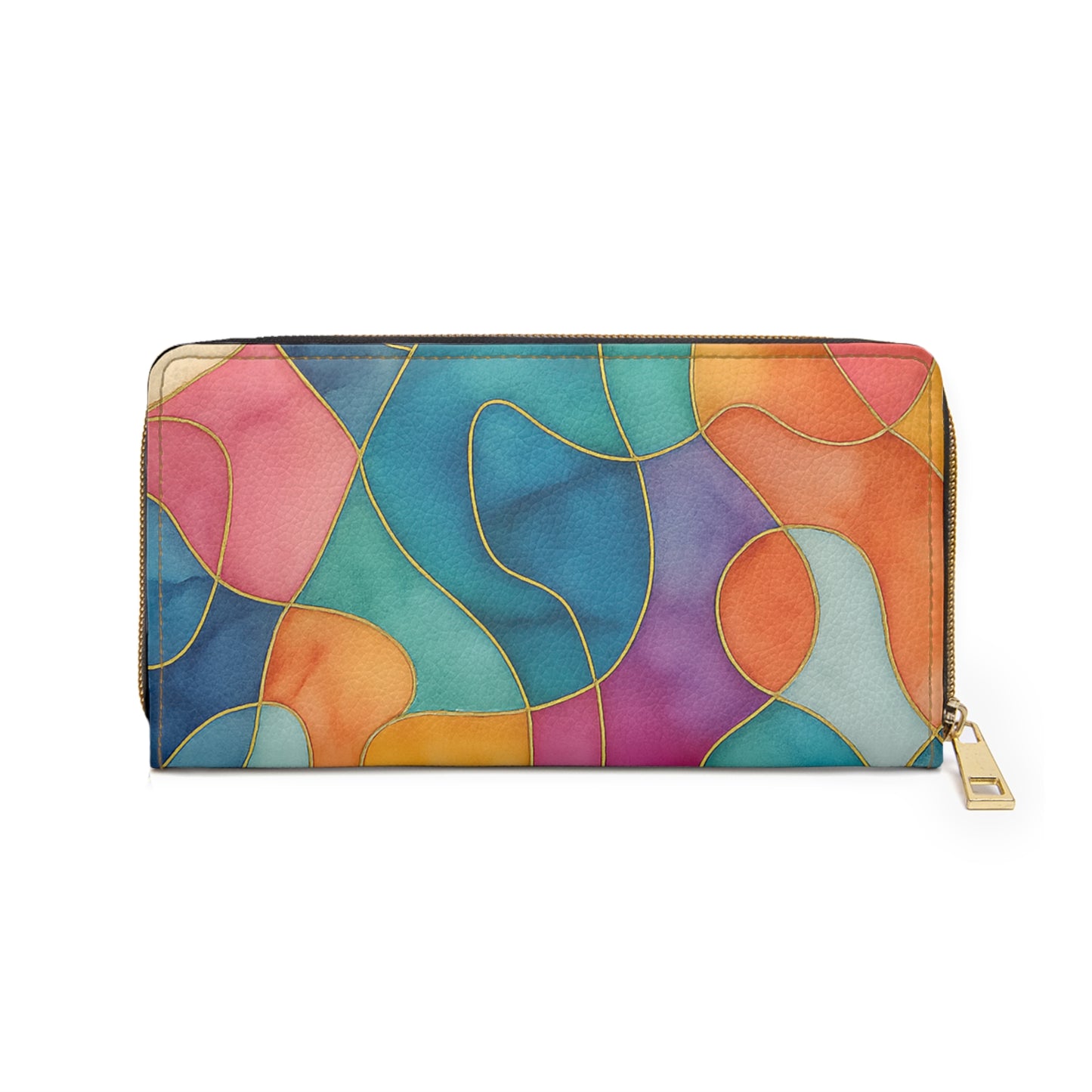 Vicky zipper wallet back view – colorful abstract stained-glass PU leather zip-around by the Soulful Brush
