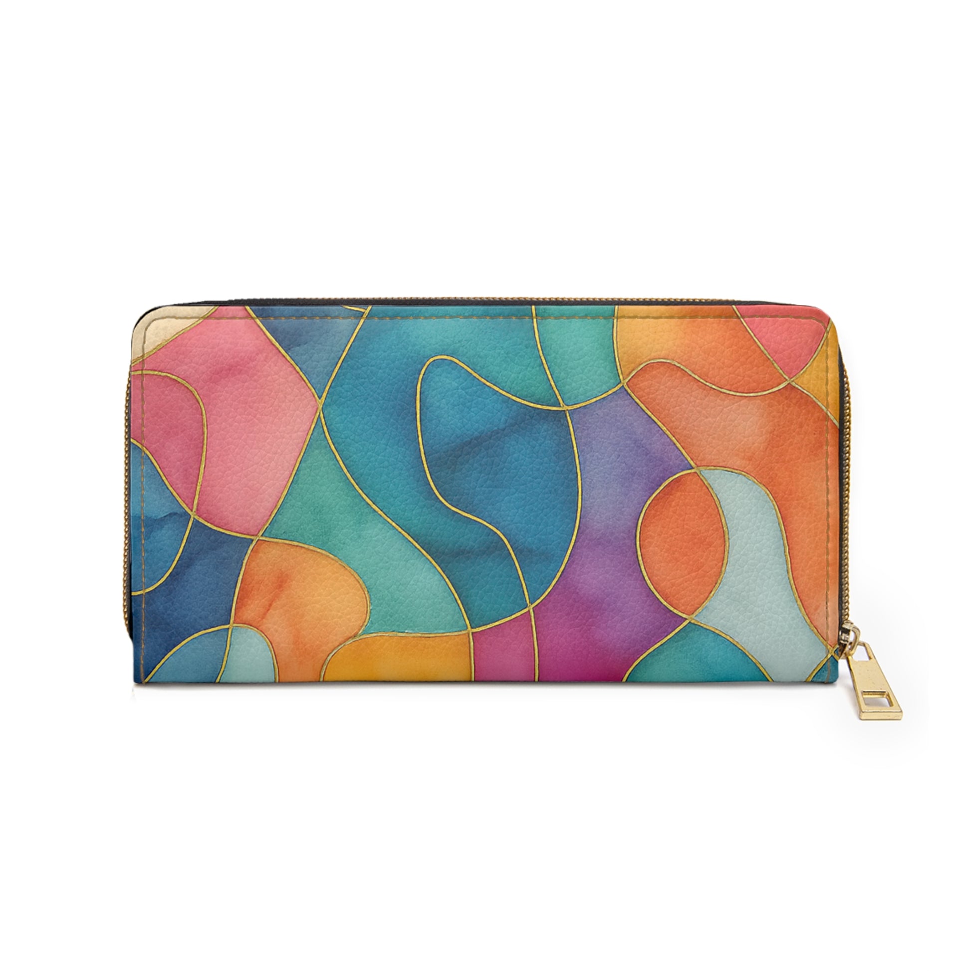 Vicky zipper wallet back view – colorful abstract stained-glass PU leather zip-around by the Soulful Brush
