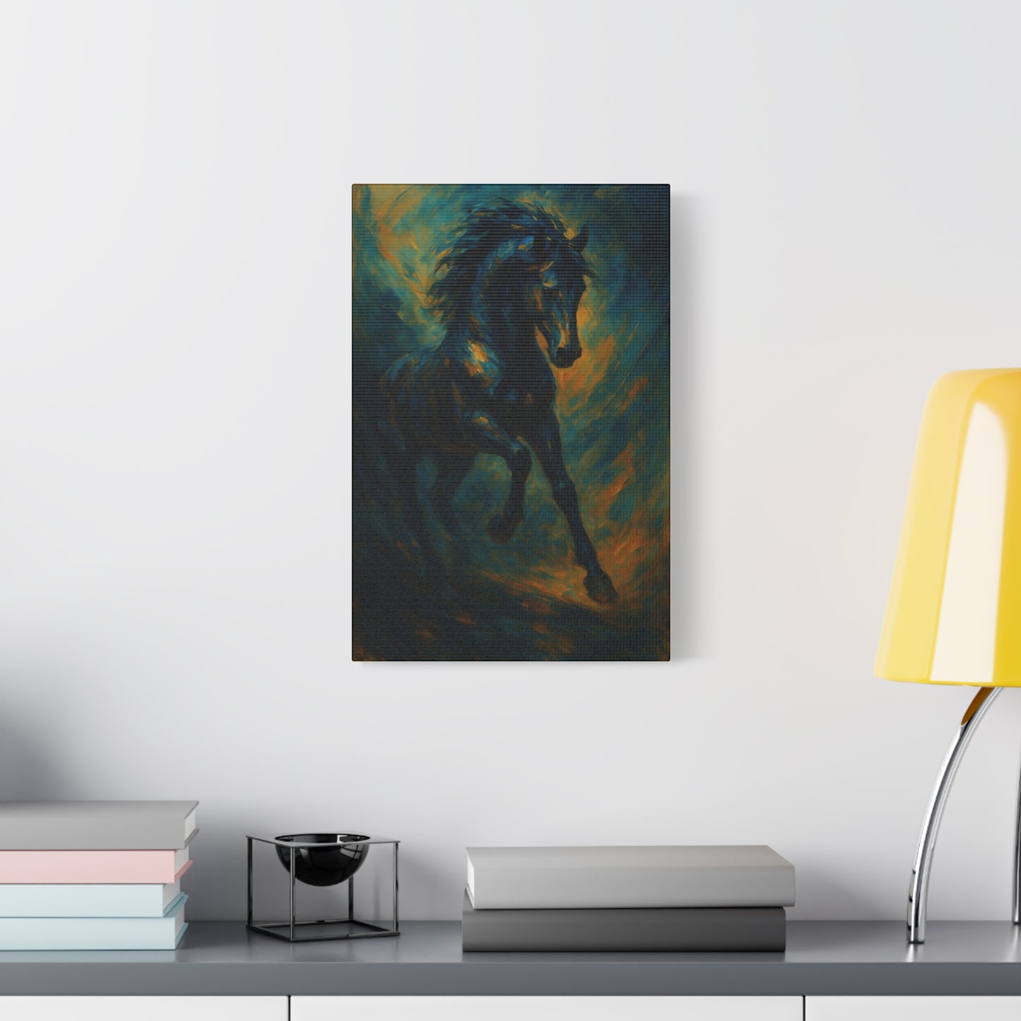 Lienzo Mate de Caballo Negro Galopando — Dramática Pintura Ecuestre