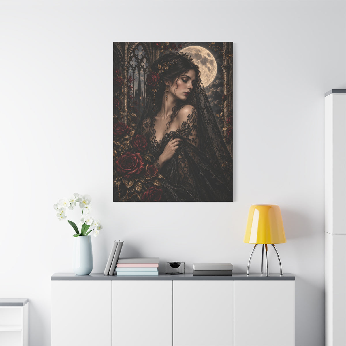 Gothic Moonlit Maiden Canvas Art - Nocturne In Lace-Romantic Dark Victorian Wall Decor