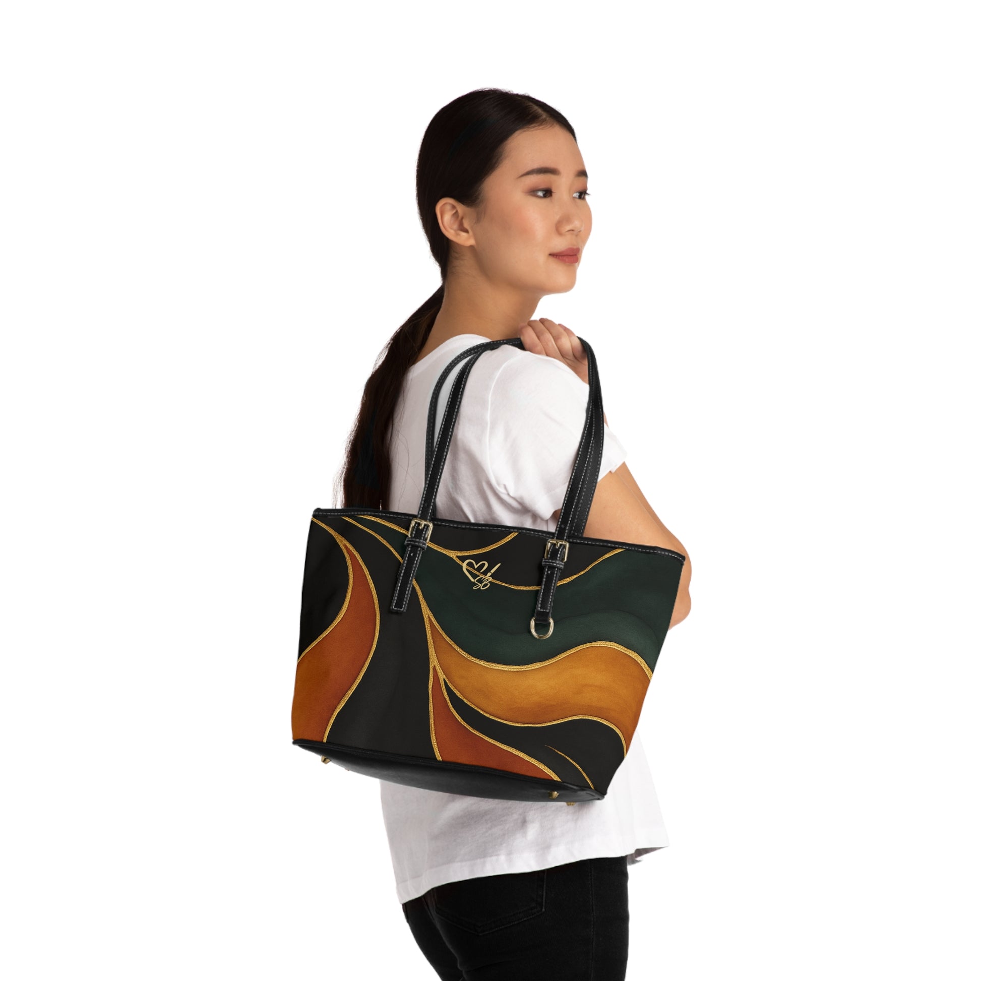 Vivian Artisan Luxe PU shoulder bag lifestyle shot – earthy green burnt orange wearable art tote by the Soulful Brush
